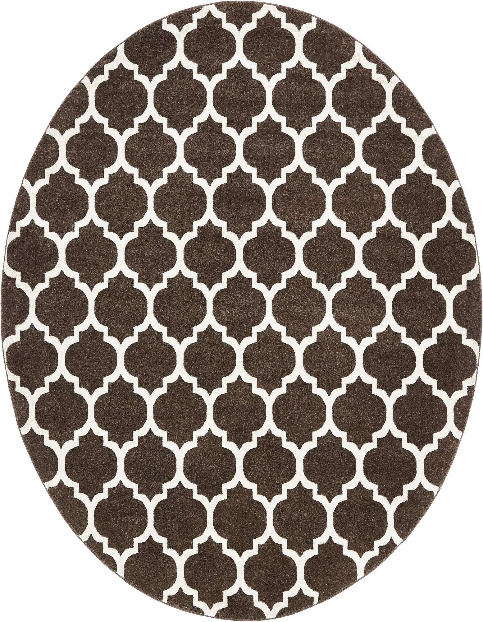 A 10-foot round brown area rug with a repeating white modern trellis pattern, suitable for a living room or bedroom.
