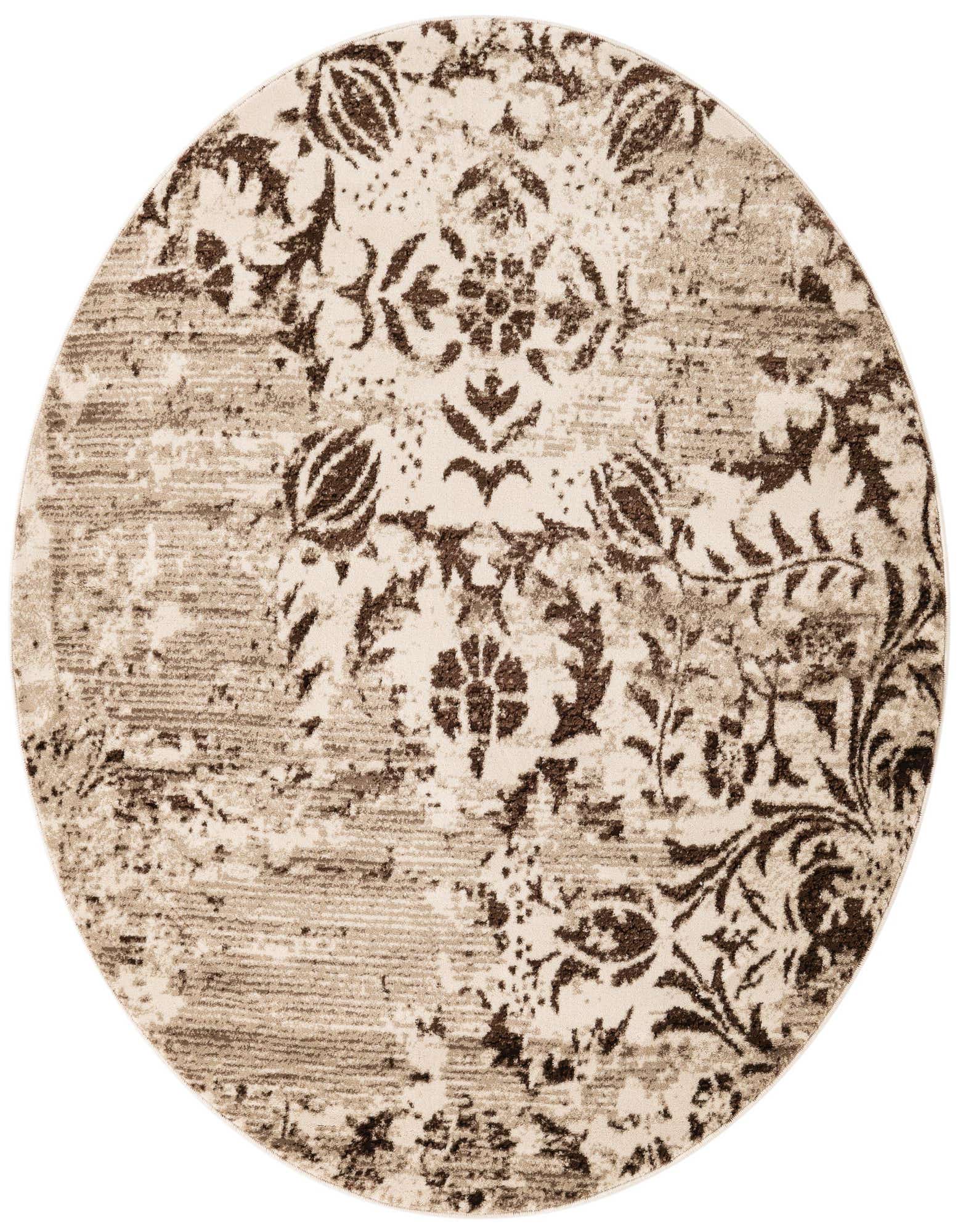 A round 5' 0 x 5' 0 Nepal rug with a distressed brown and tan botanical medallion pattern.