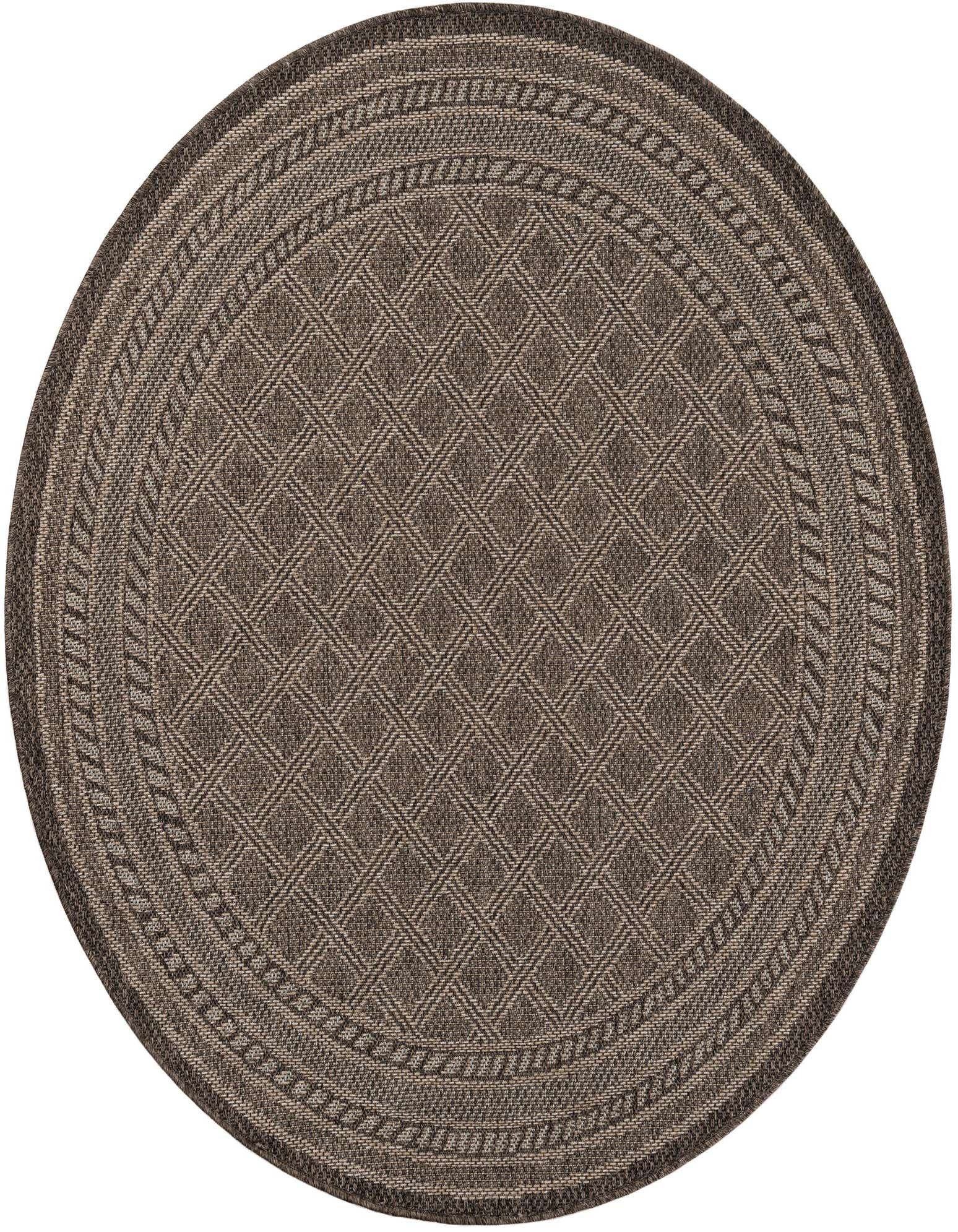 A 5' 1 round brown and tan outdoor rug with a modern lattice pattern and braided border.