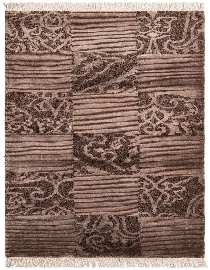 A 7 ft runner rug in shades of brown and tan, featuring alternating modern striped and oriental medallion patterns, with fringed ends.