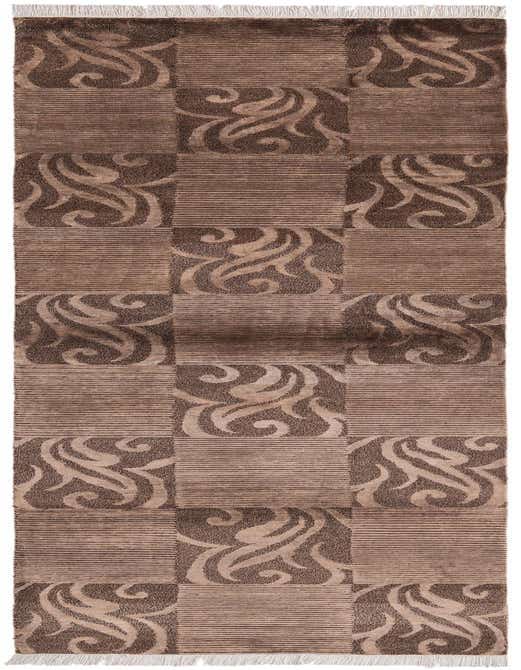 A 10 ft Darya runner rug in varying shades of brown and tan, featuring alternating modern striped and oriental swirl patterns.