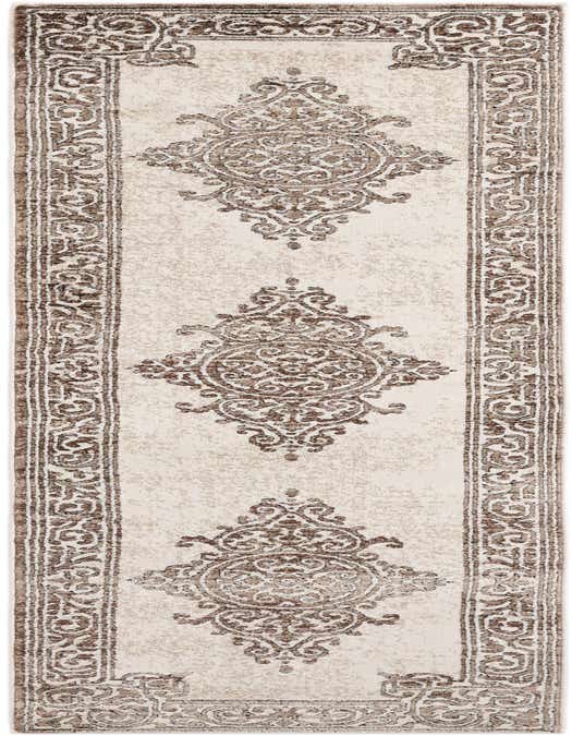 An 8 ft runner rug from the Hermitage Collection, featuring traditional brown medallion patterns on a tan background, perfect for a hallway.