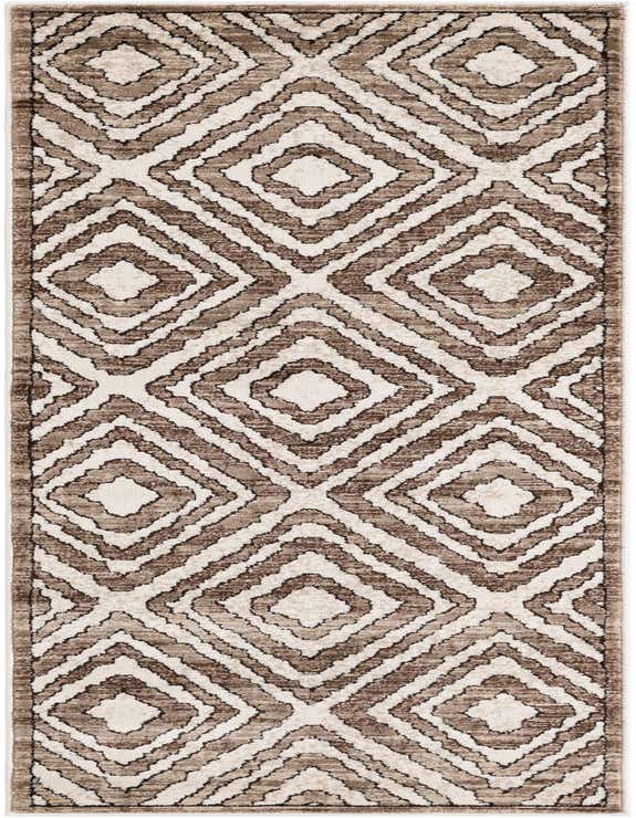 A 7 ft runner rug in shades of brown and tan, featuring a modern geometric diamond pattern with a textured high/low pile.