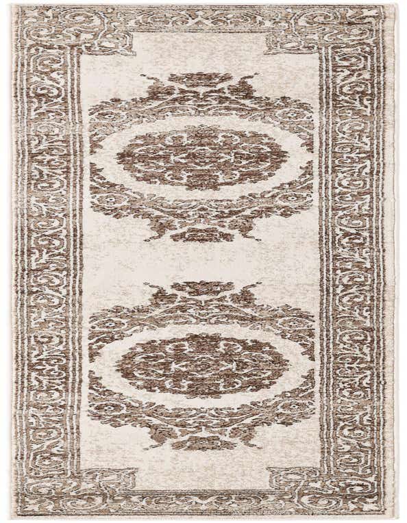 A 7 ft runner rug in browns and tans featuring a traditional medallion and border pattern, suitable for a hallway.