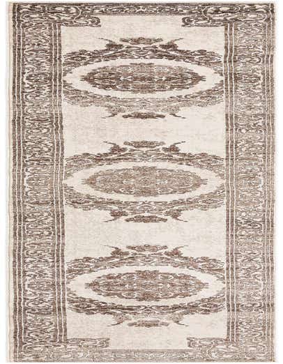 A 13 ft runner rug in shades of brown and tan, featuring a distressed traditional medallion and border pattern, suitable for a hallway.