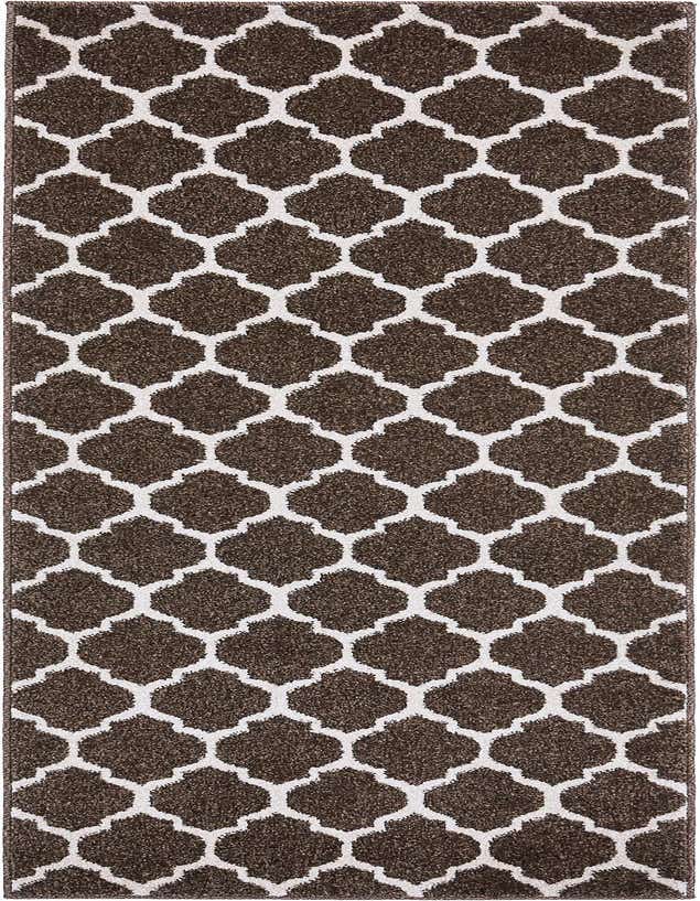 A 6 ft runner rug with a modern brown and white trellis pattern, suitable for hallways or kitchens.