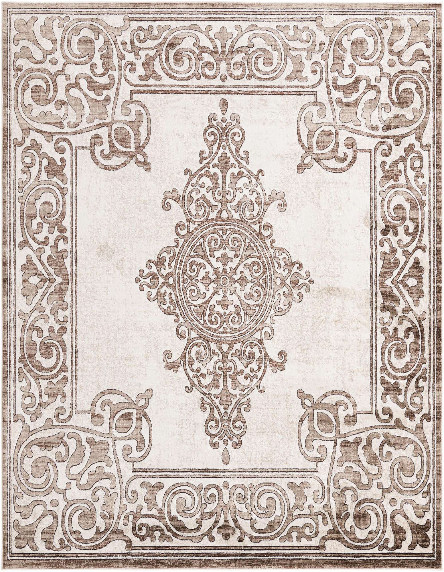 A square 7' 10 x 7' 10 Hermitage rug in browns and tans, featuring a traditional medallion and ornate border.