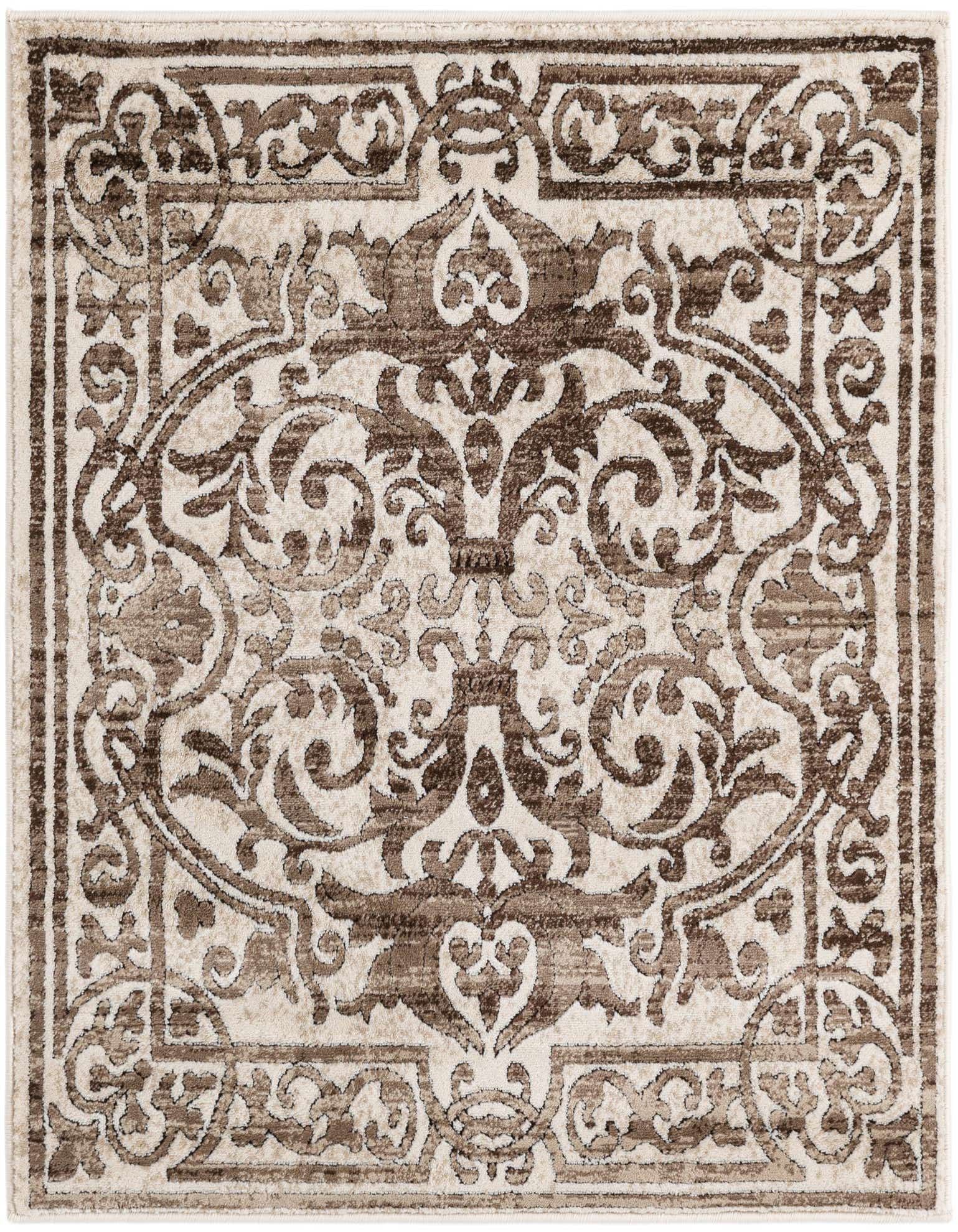 A 3' 3 x 3' 3 square rug with a traditional floral pattern in varying shades of brown and tan.