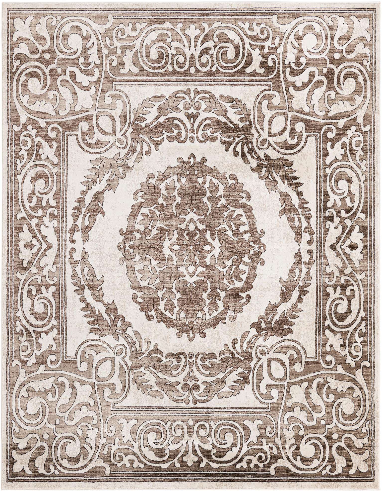A 6'x6' square indoor rug featuring an ornate traditional medallion and border pattern in shades of brown and tan.
