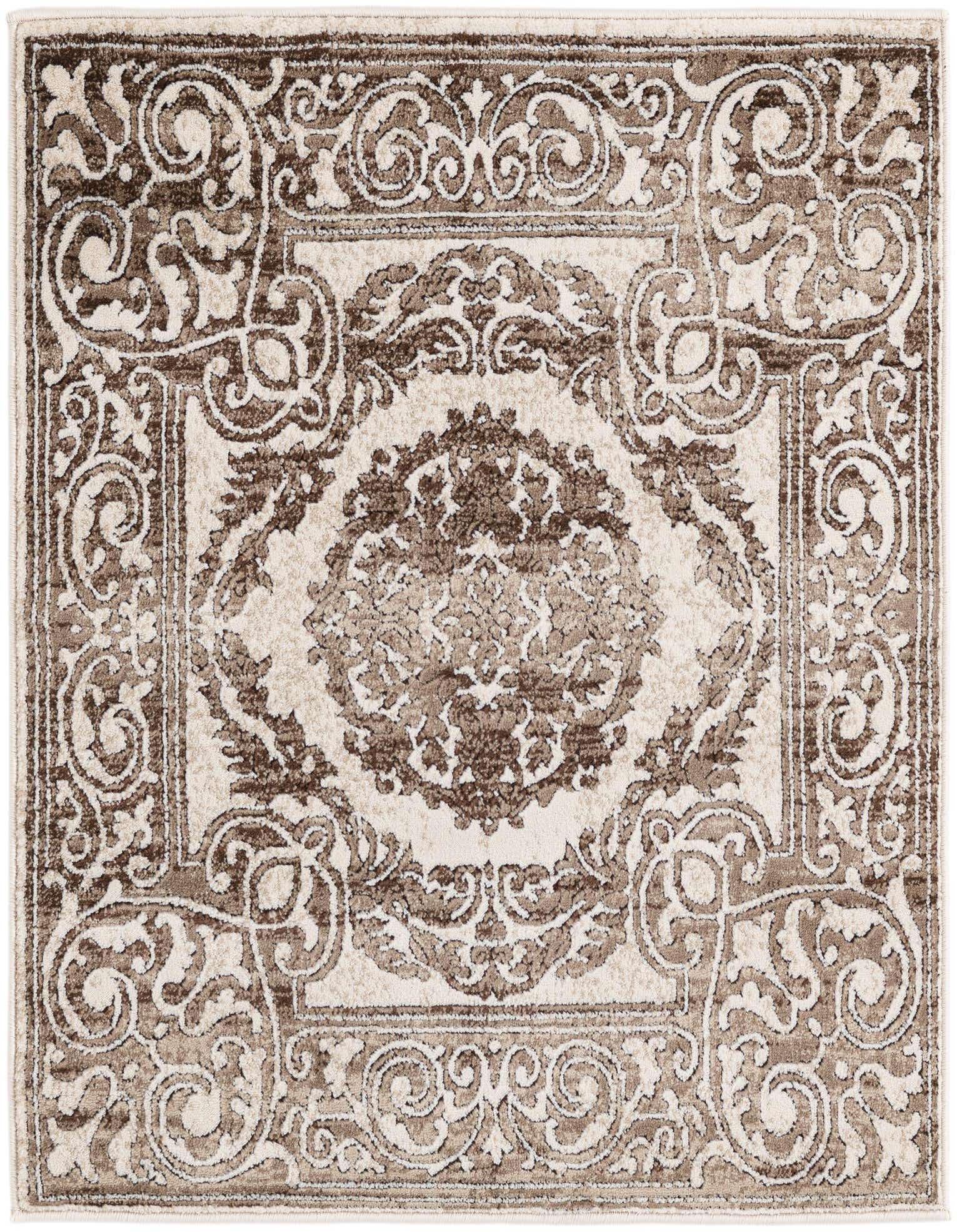 A 3' 3 x 3' 3 square rug in shades of brown and tan, featuring an intricate traditional medallion and border pattern.