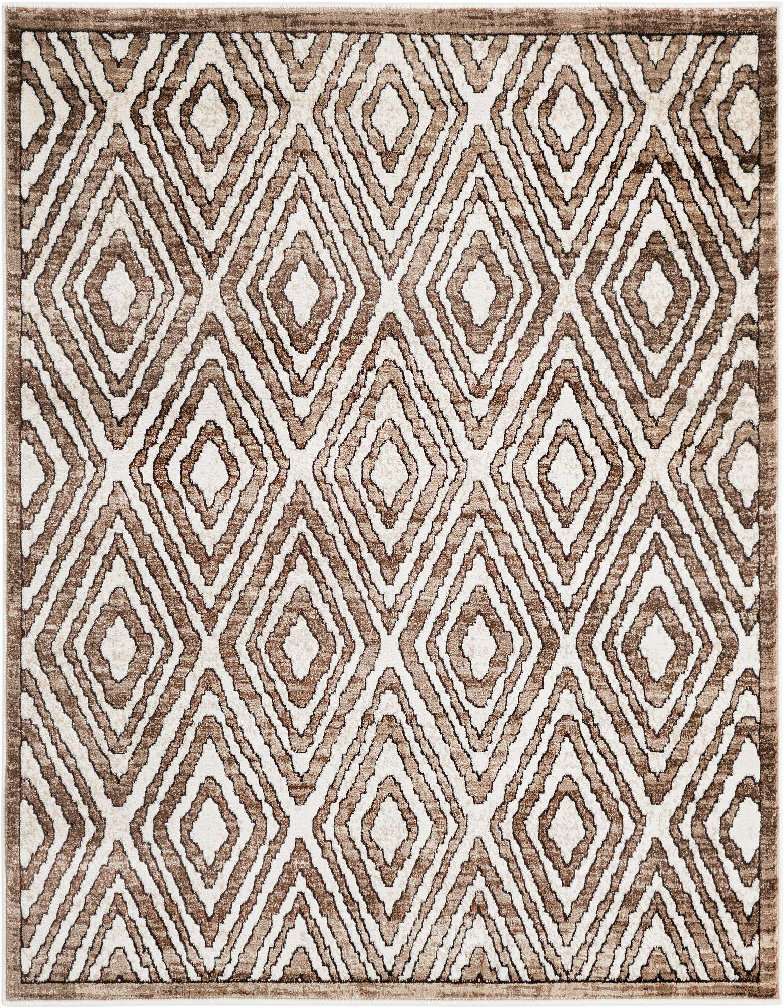 A 5' 3 x 5' 3 square modern area rug featuring a high-low pile brown and tan geometric diamond pattern.