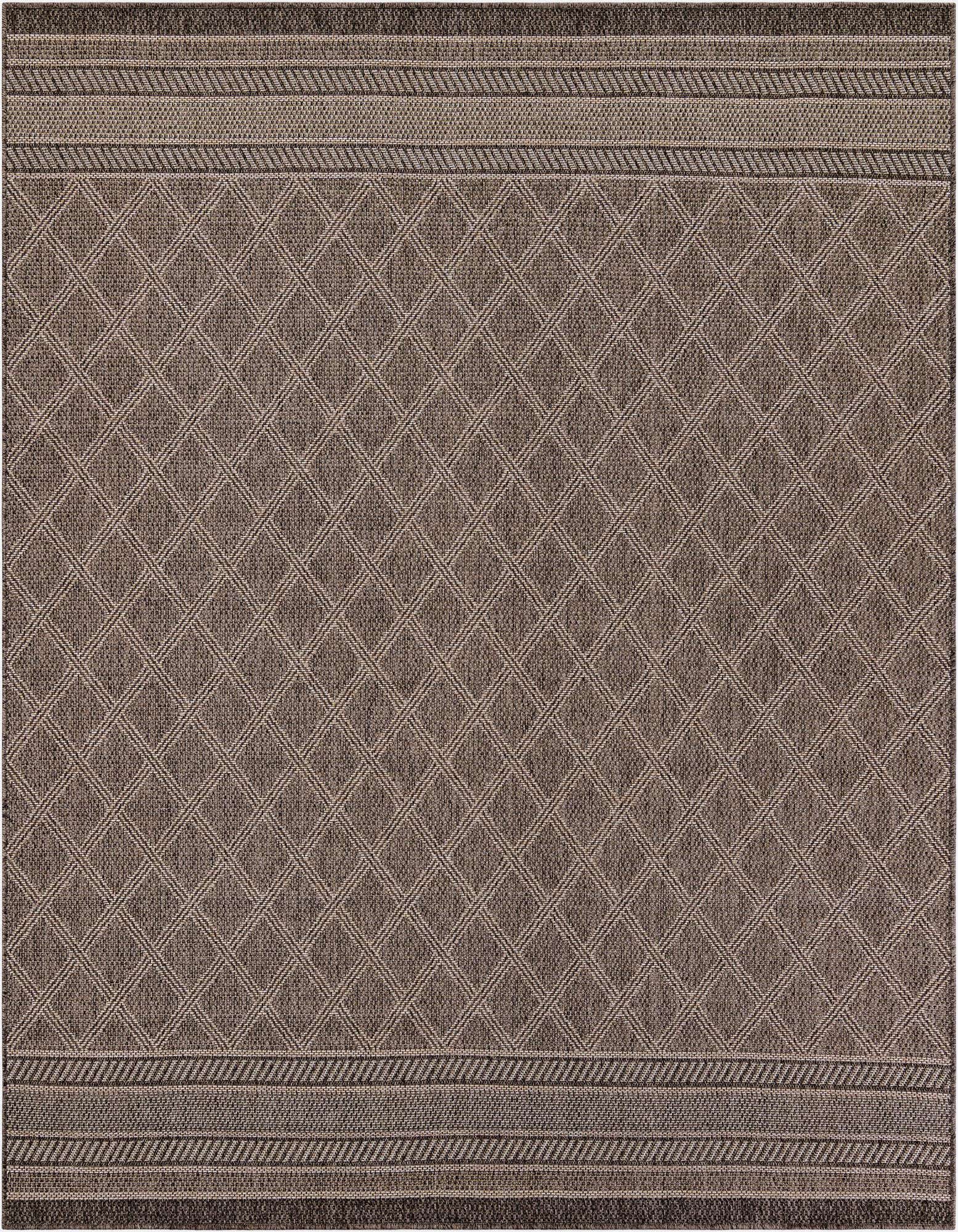 A 7' 10 x 7' 10 square brown indoor/outdoor rug with a modern lattice pattern and striped border.