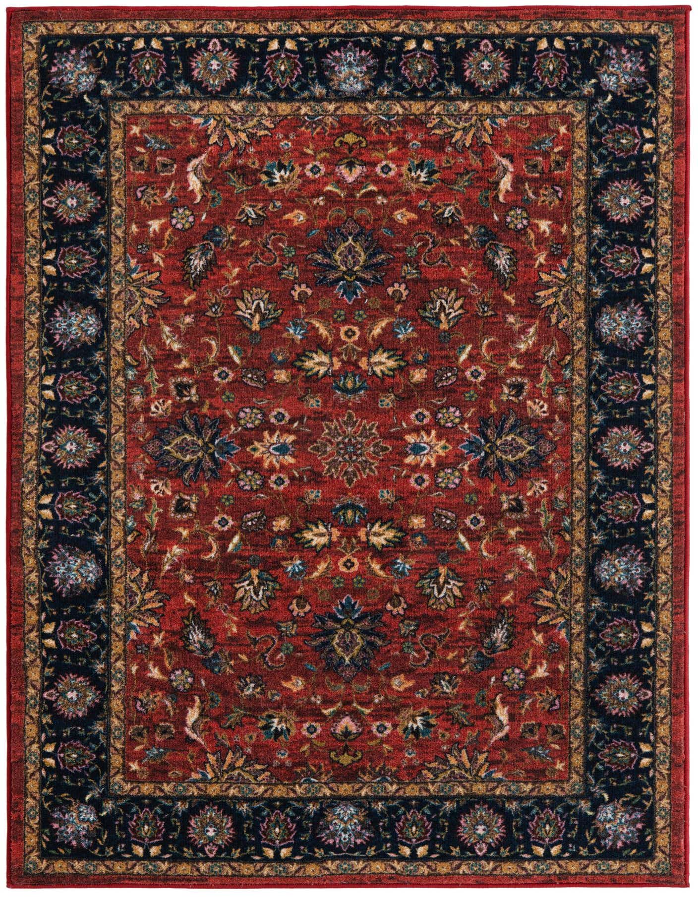 A 4x6 rectangular Rugs.com Medina rug featuring a rich red field with intricate floral and medallion patterns, framed by a dark navy border with gold and multi-colored accents.