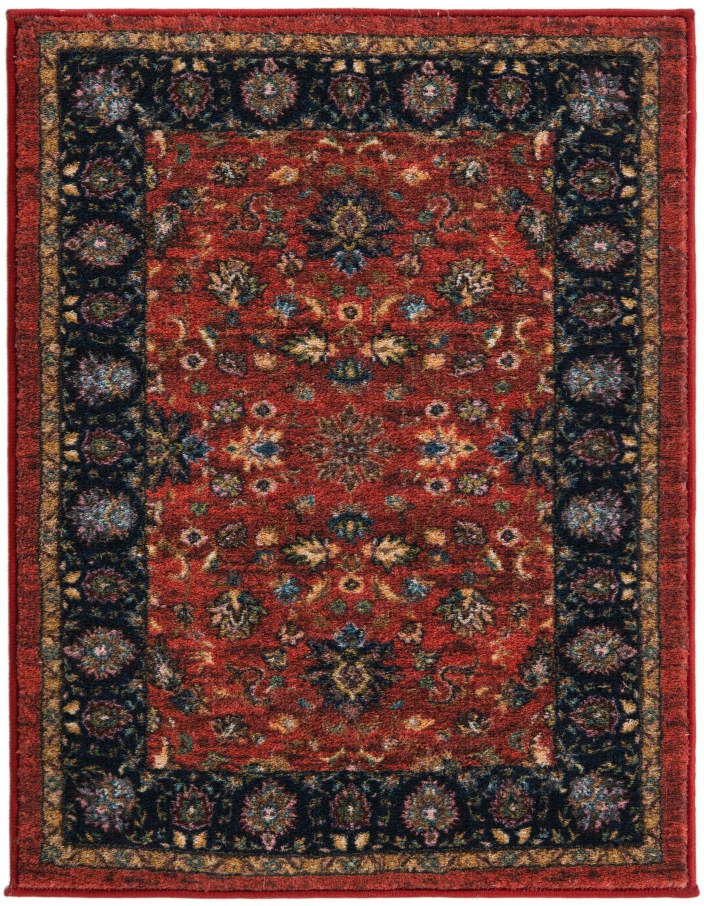 A 2x3 rectangular red traditional rug with a detailed floral pattern and a dark border, suitable for an entryway.