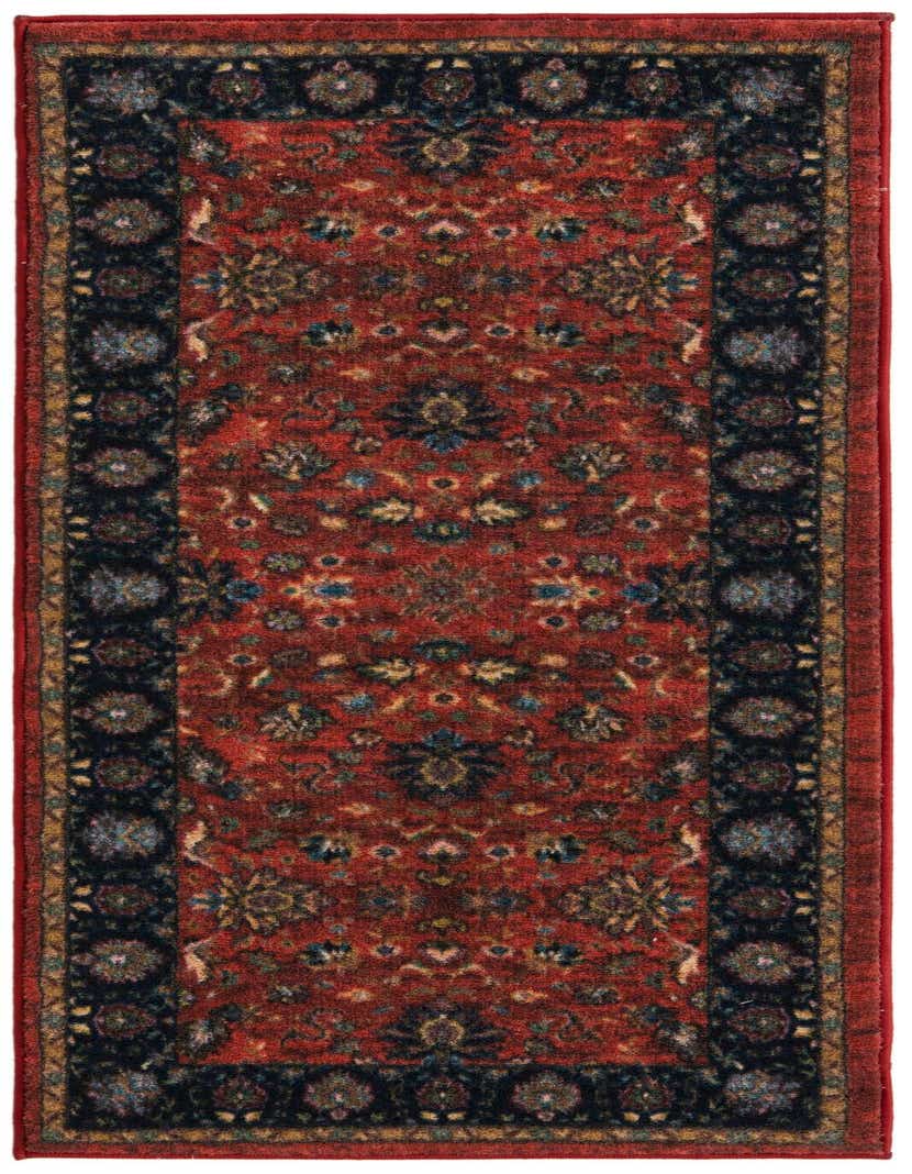 A 5 ft red traditional runner rug with a dark blue and gold floral border, ideal for a hallway.