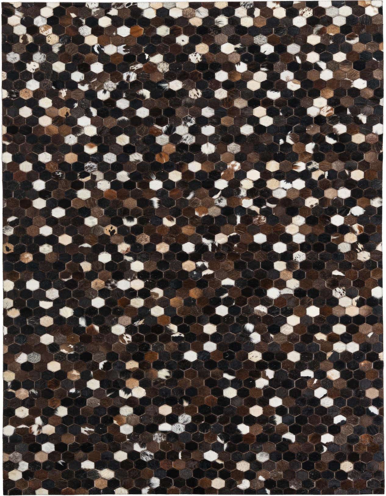 A 5x8 rectangular Cowhide Leather rug featuring a modern, abstract pattern of small hexagonal patches in varying shades of white, brown, and black.