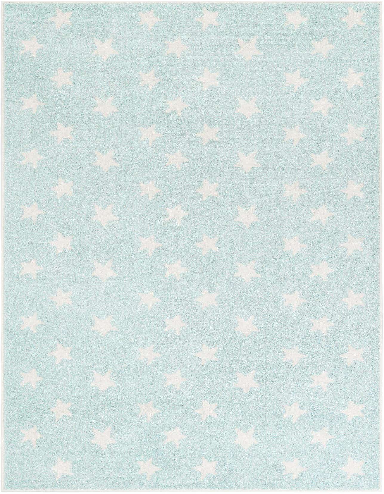 A 5x8 rectangular Clear Blue rug featuring a playful pattern of scattered white stars, ideal for a child's bedroom or playroom.