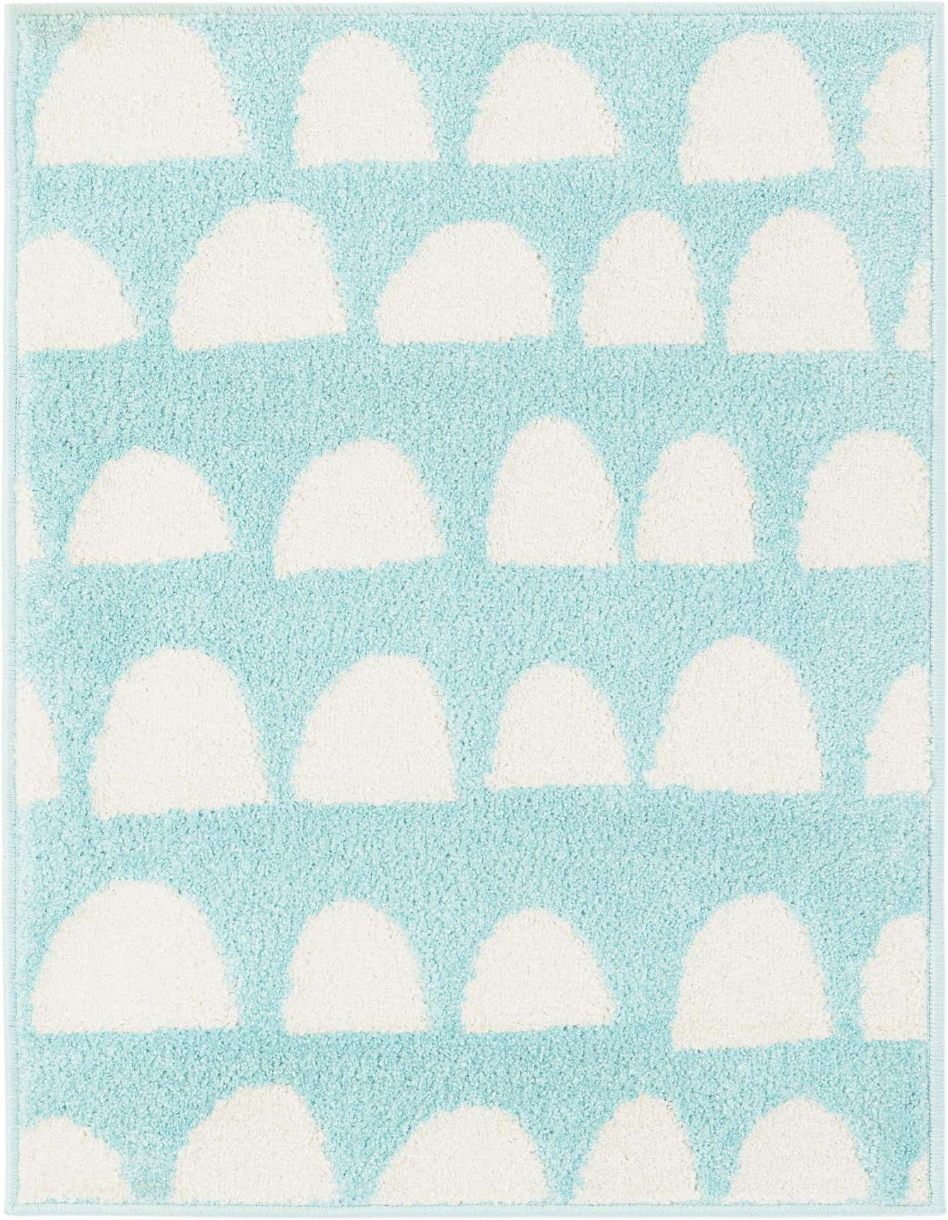 A 2x3 rectangular Clear Blue rug with a playful modern abstract pattern of white cloud-like shapes.