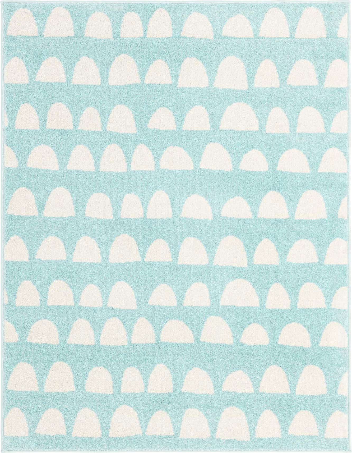 A 4x6 rectangular Clear Blue rug with a modern pattern of white half-circle shapes arranged in rows.