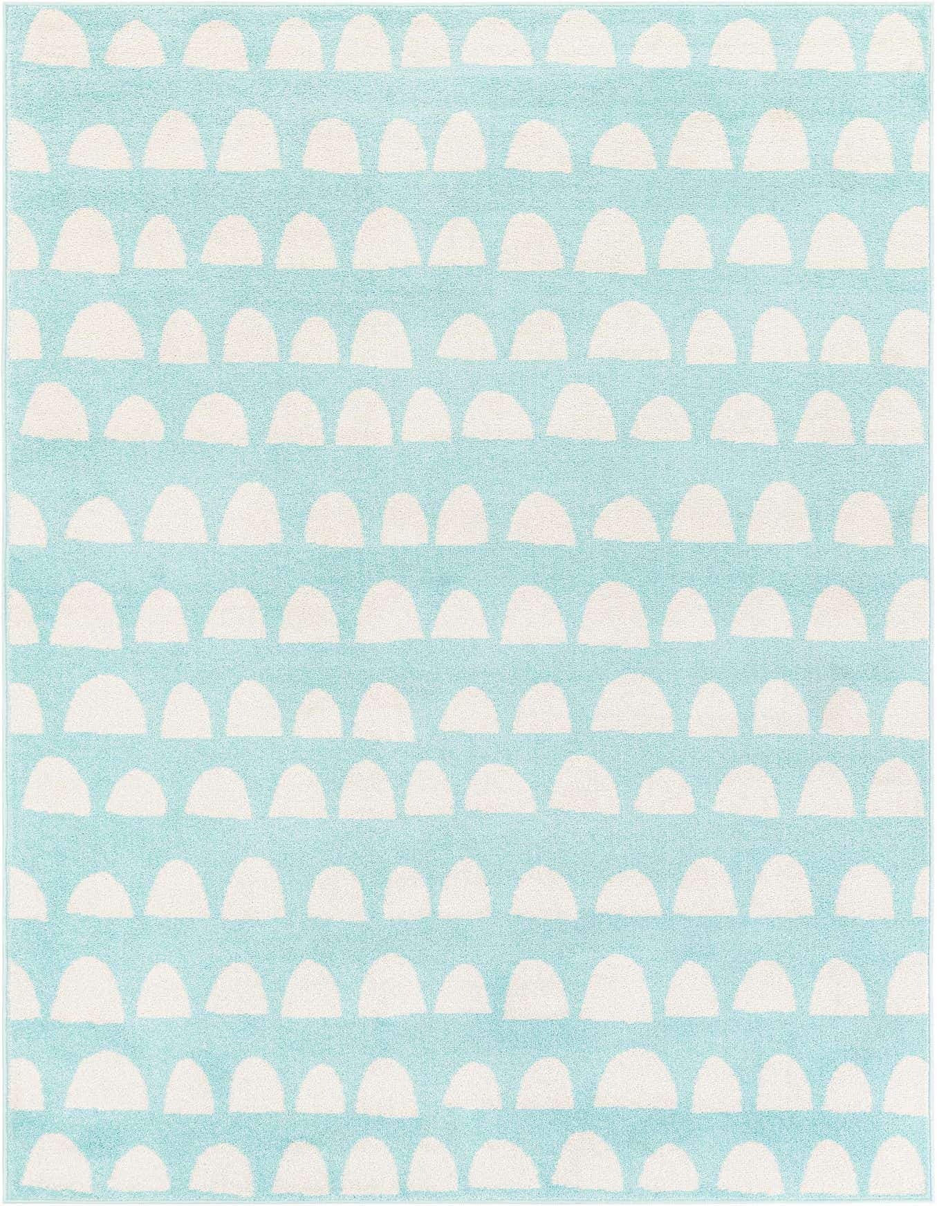 A 5x8 rectangular Clear Blue rug with a modern abstract pattern of white half-circle shapes, ideal for a child's bedroom or play area.