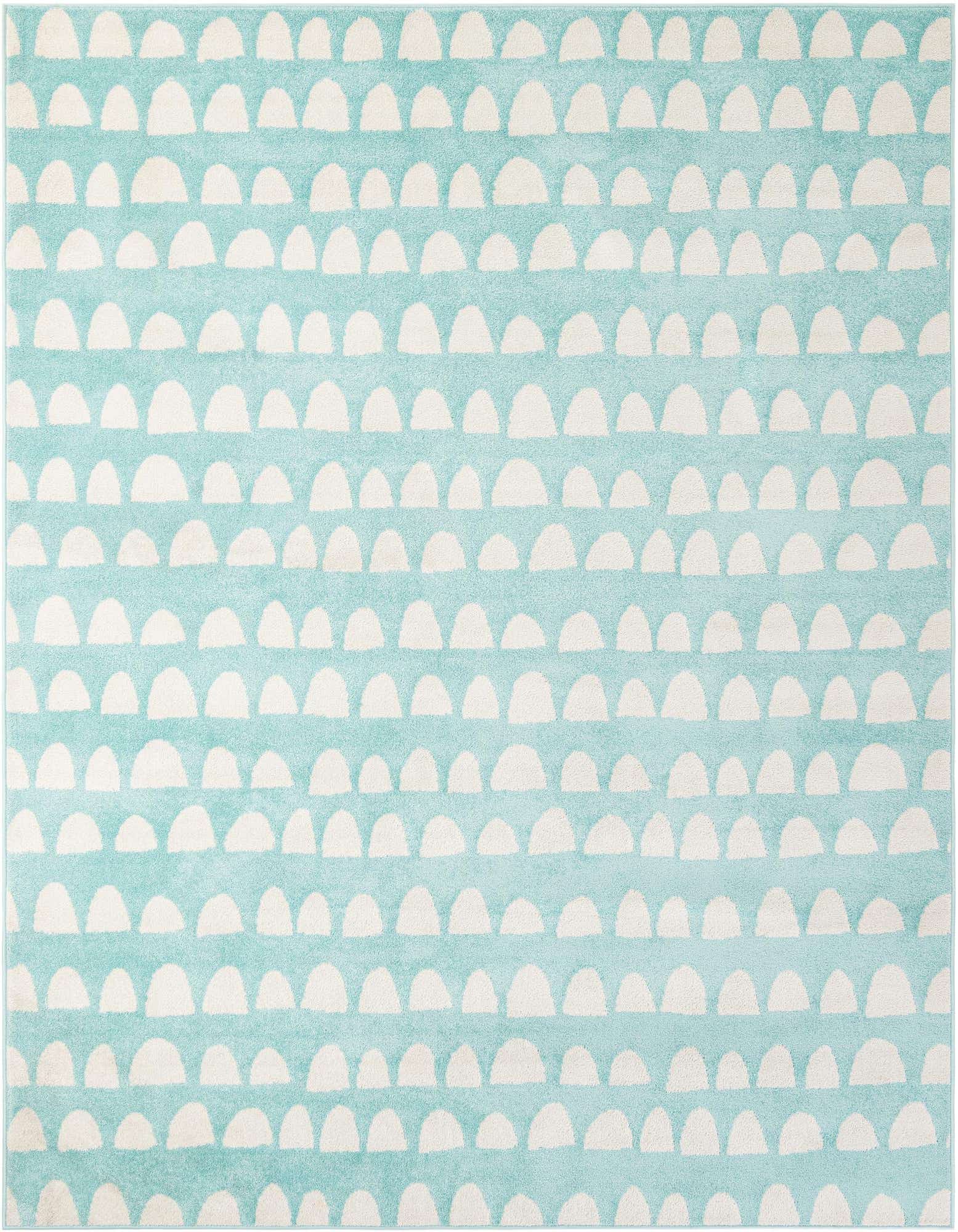 A rectangular 8x10 Clear Blue rug with a modern abstract pattern of white half-moon shapes, suitable for a child's bedroom or play area.