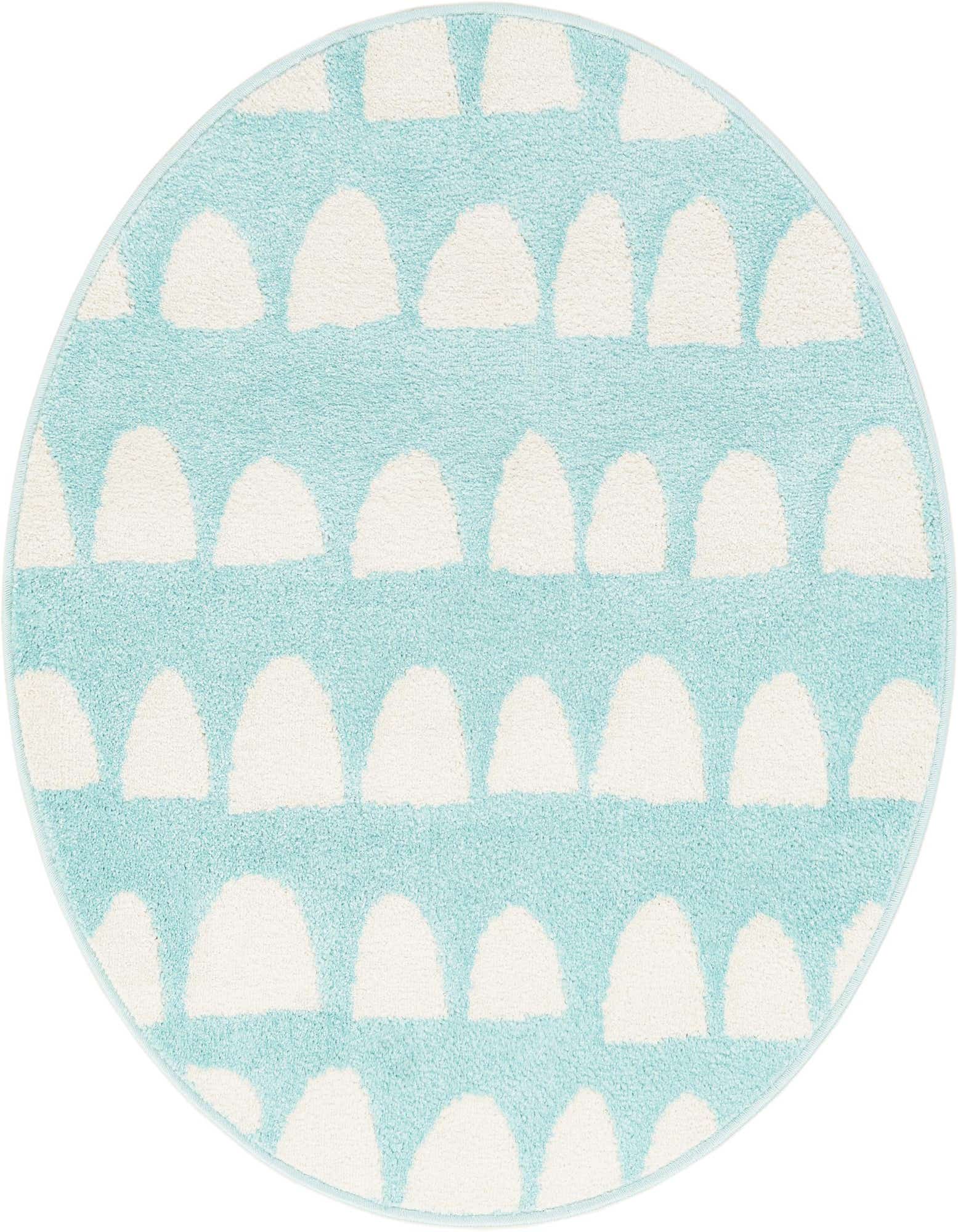 A 3' 3 round rug with a clear blue background and white abstract, modern half-circle patterns, ideal for a child's room.