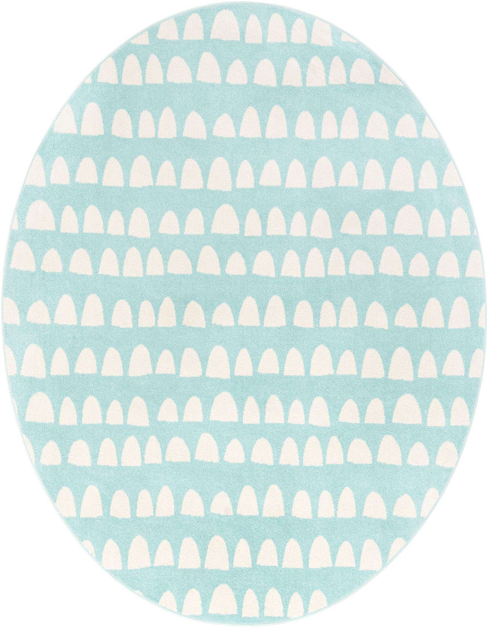 A 7' 10 round clear blue rug with a playful abstract pattern of white half-moon shapes, suitable for a child's room.