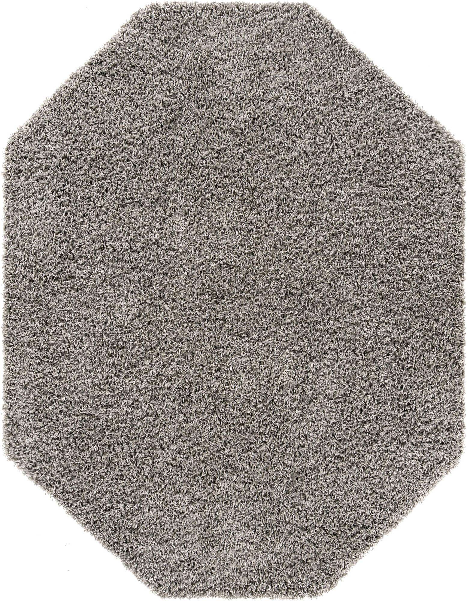 A 6' 0 x 6' 0 octagon-shaped gray shag rug with a textured, plush pile, suitable for modern indoor spaces.
