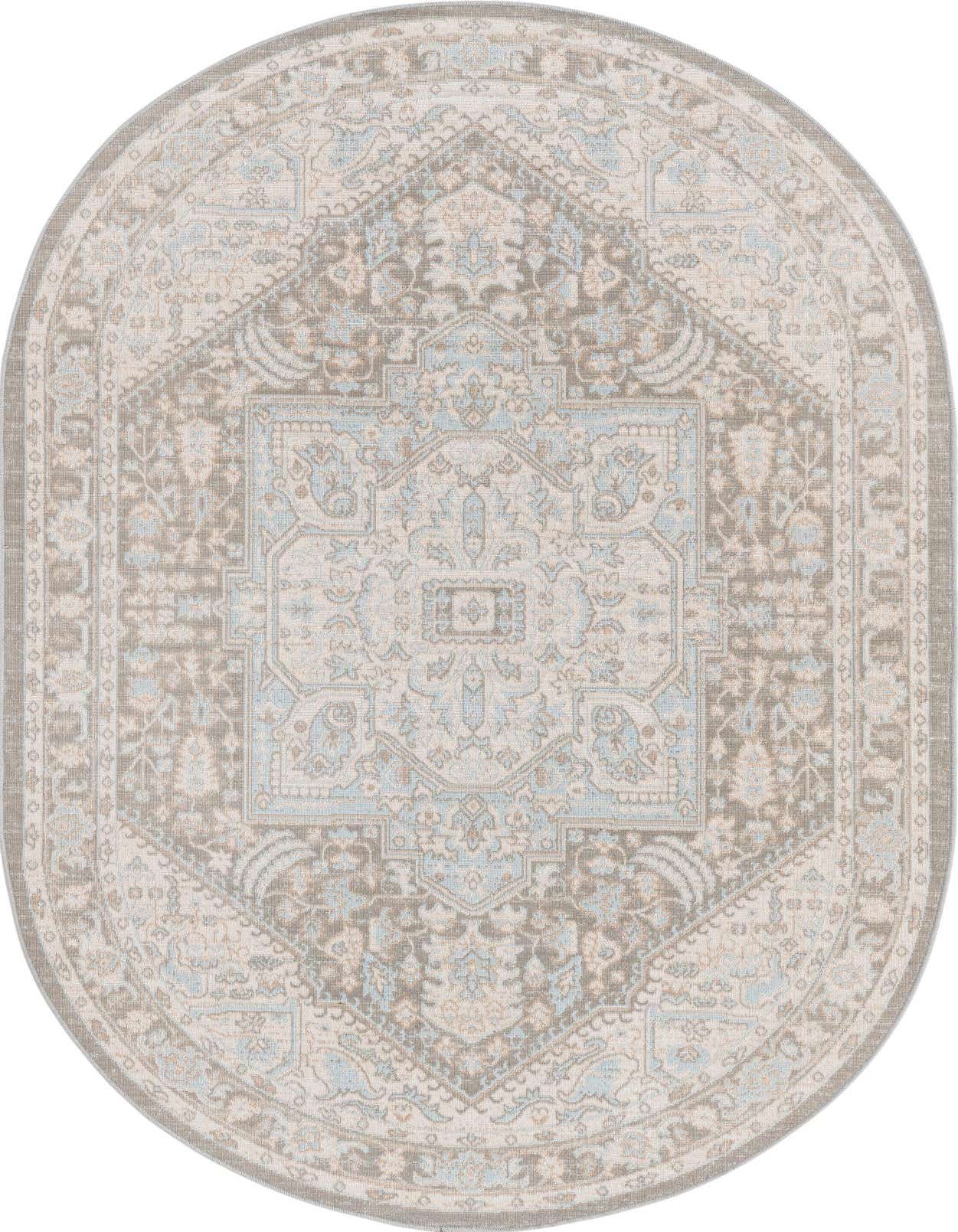 An oval 5'x8' gray and silver farmhouse medallion rug with light blue accents, featuring a vintage-inspired pattern.