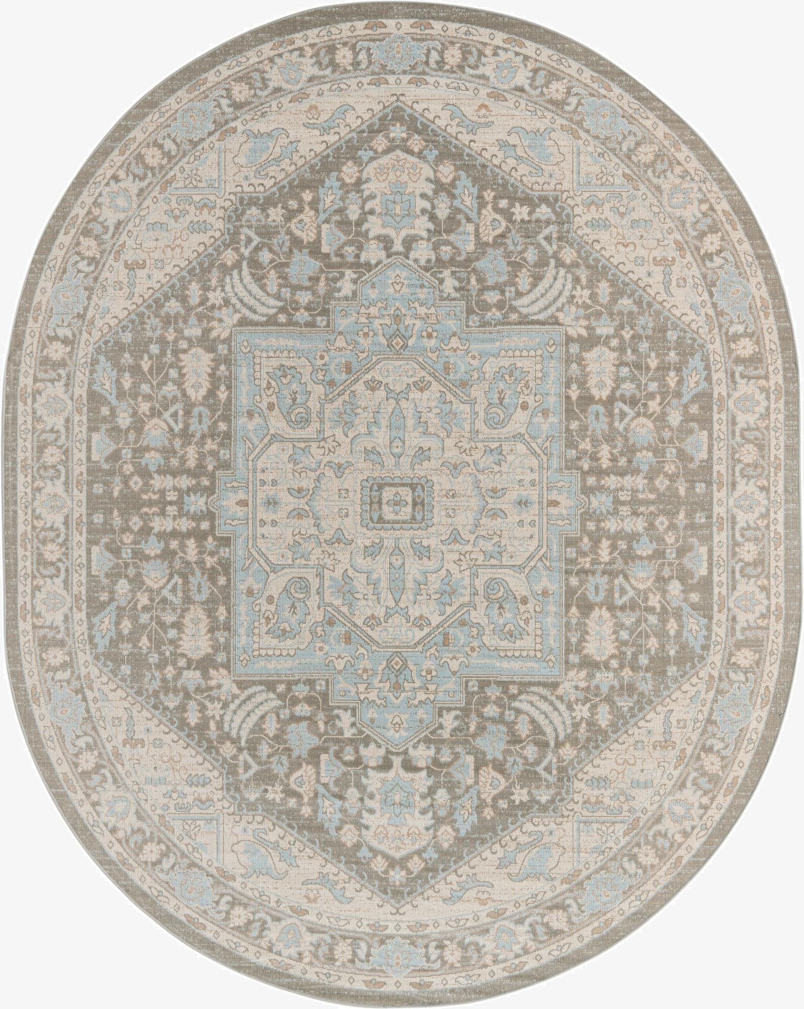 An 8' x 10' oval gray and light blue medallion rug with a vintage farmhouse pattern, suitable for indoor spaces.