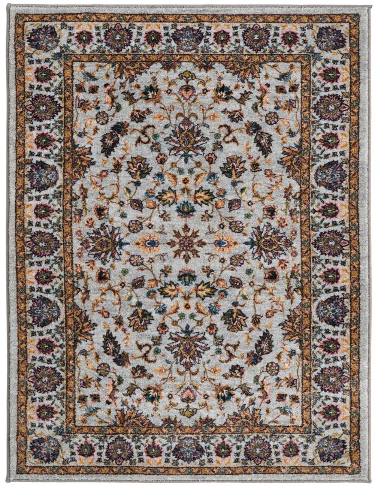 A 3x5 rectangular Medina rug with a gray background and a detailed traditional floral pattern in gold, blue, and burgundy.
