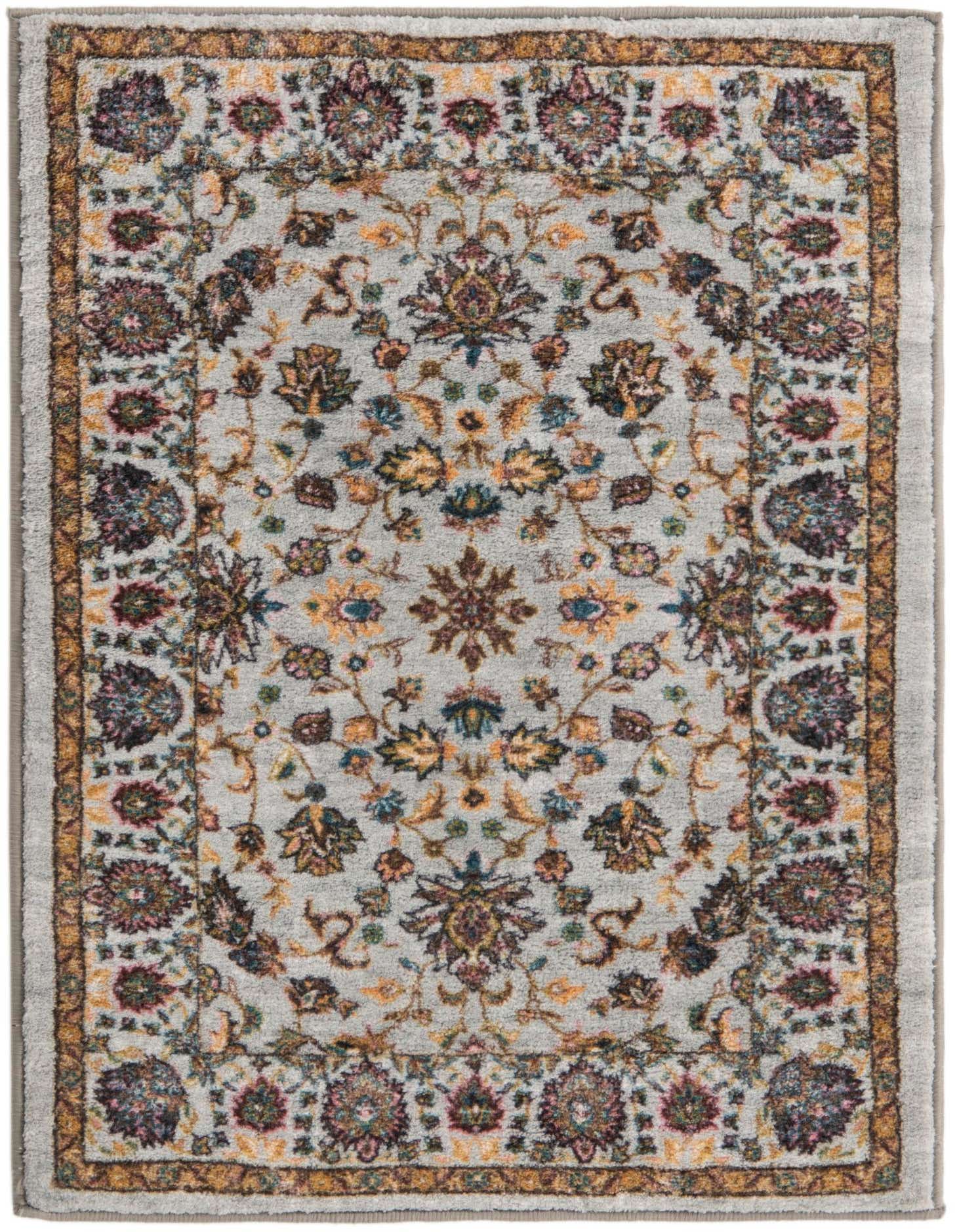 A 2x3 rectangular Medina rug featuring a traditional floral and oriental pattern in shades of gray, silver, and muted jewel tones.