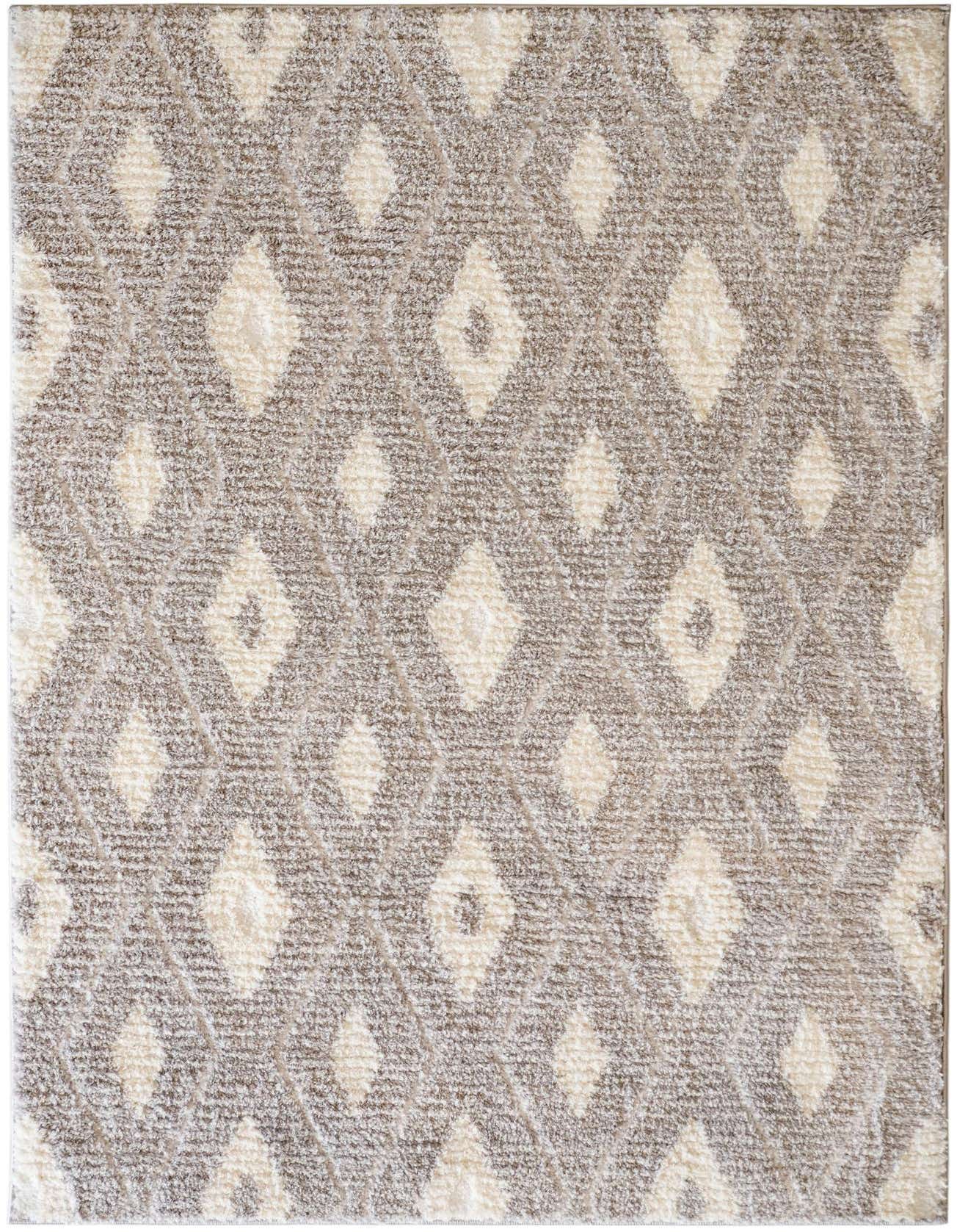 A 4x6 rectangular gray and off-white modern area rug with a textured diamond pattern, suitable for a living room.