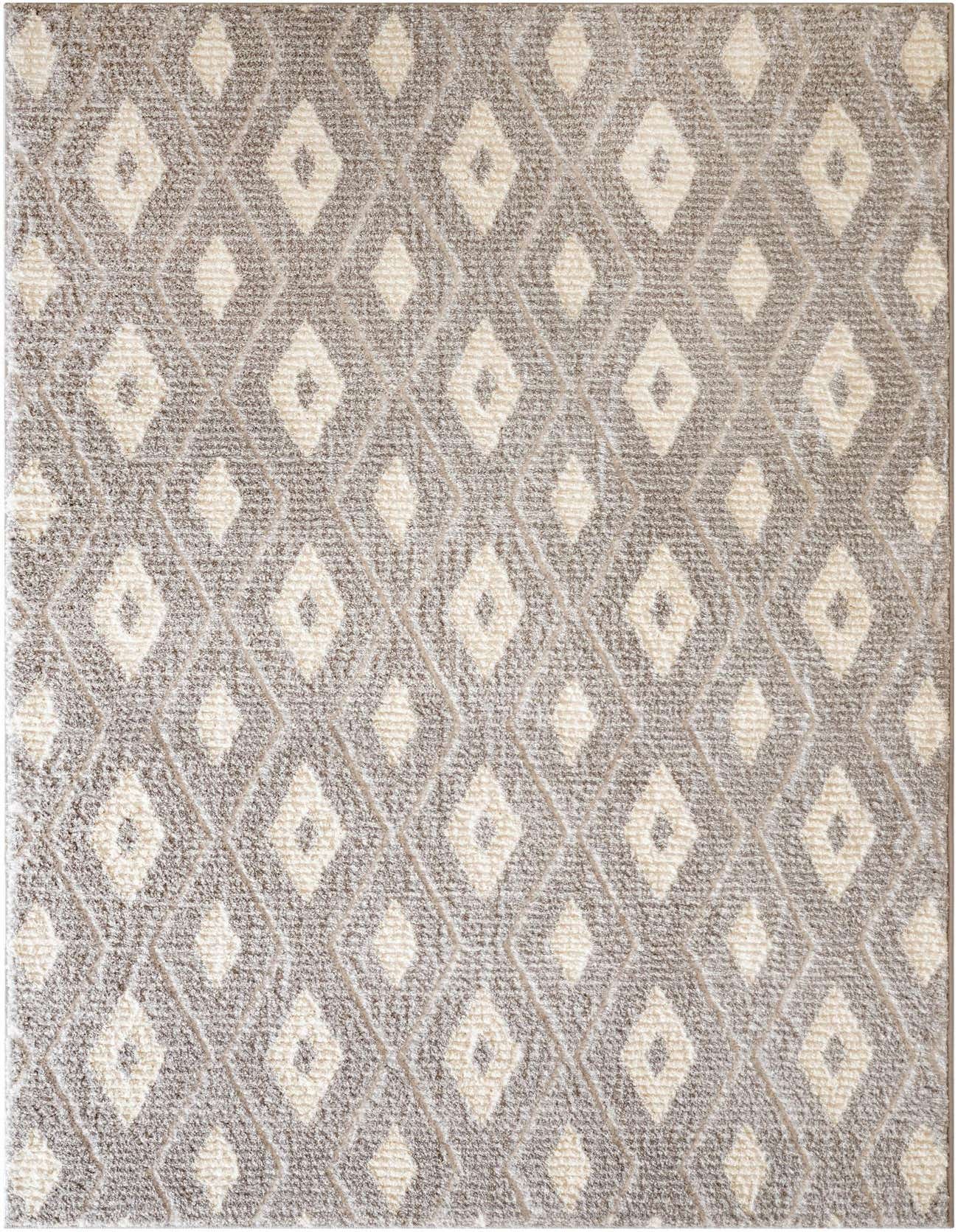 A 5x8 rectangular gray and off-white modern area rug with a textured diamond pattern, suitable for a living room.