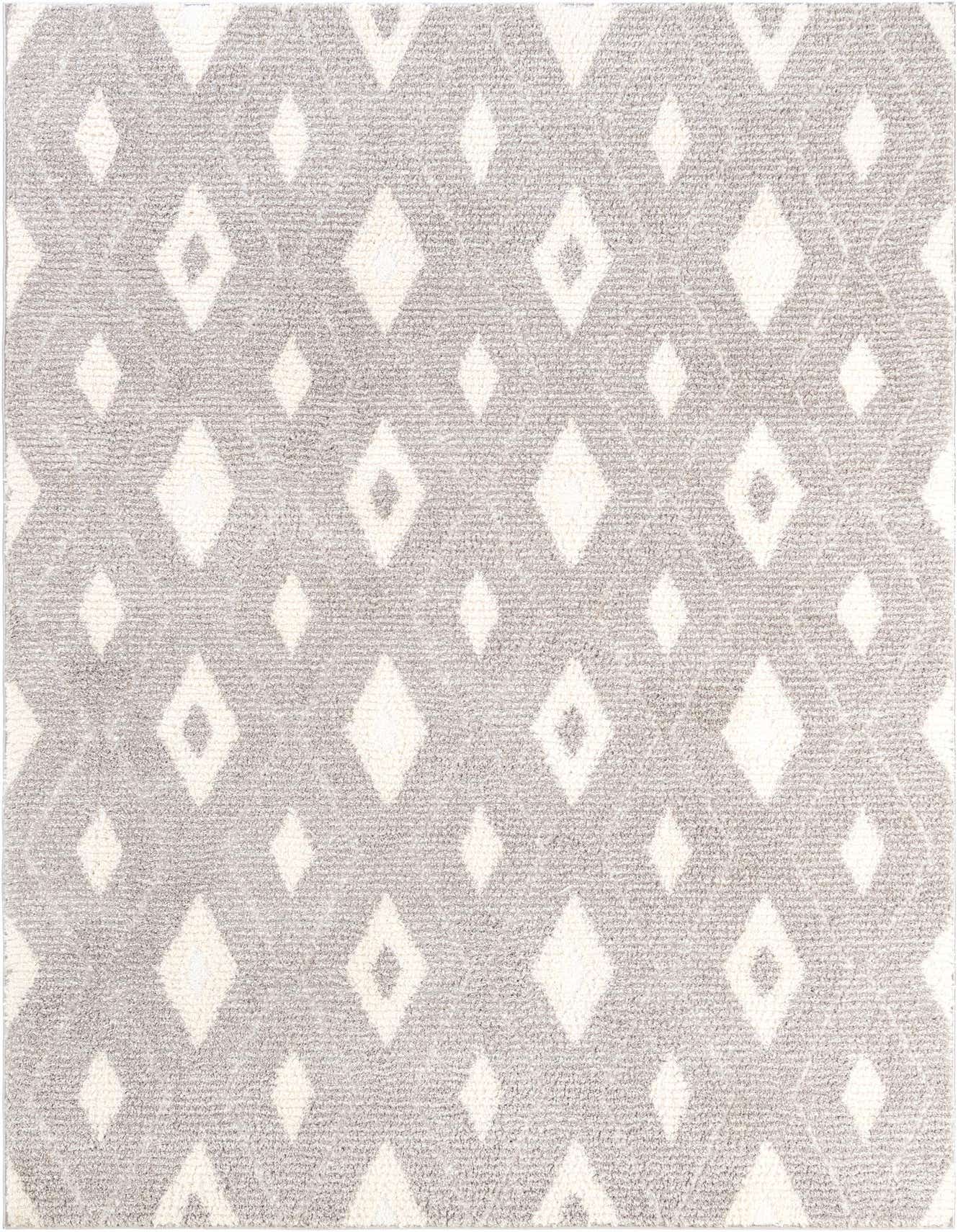 A 6x9 rectangular gray area rug with a repeating pattern of off-white diamond shapes, featuring a textured pile.