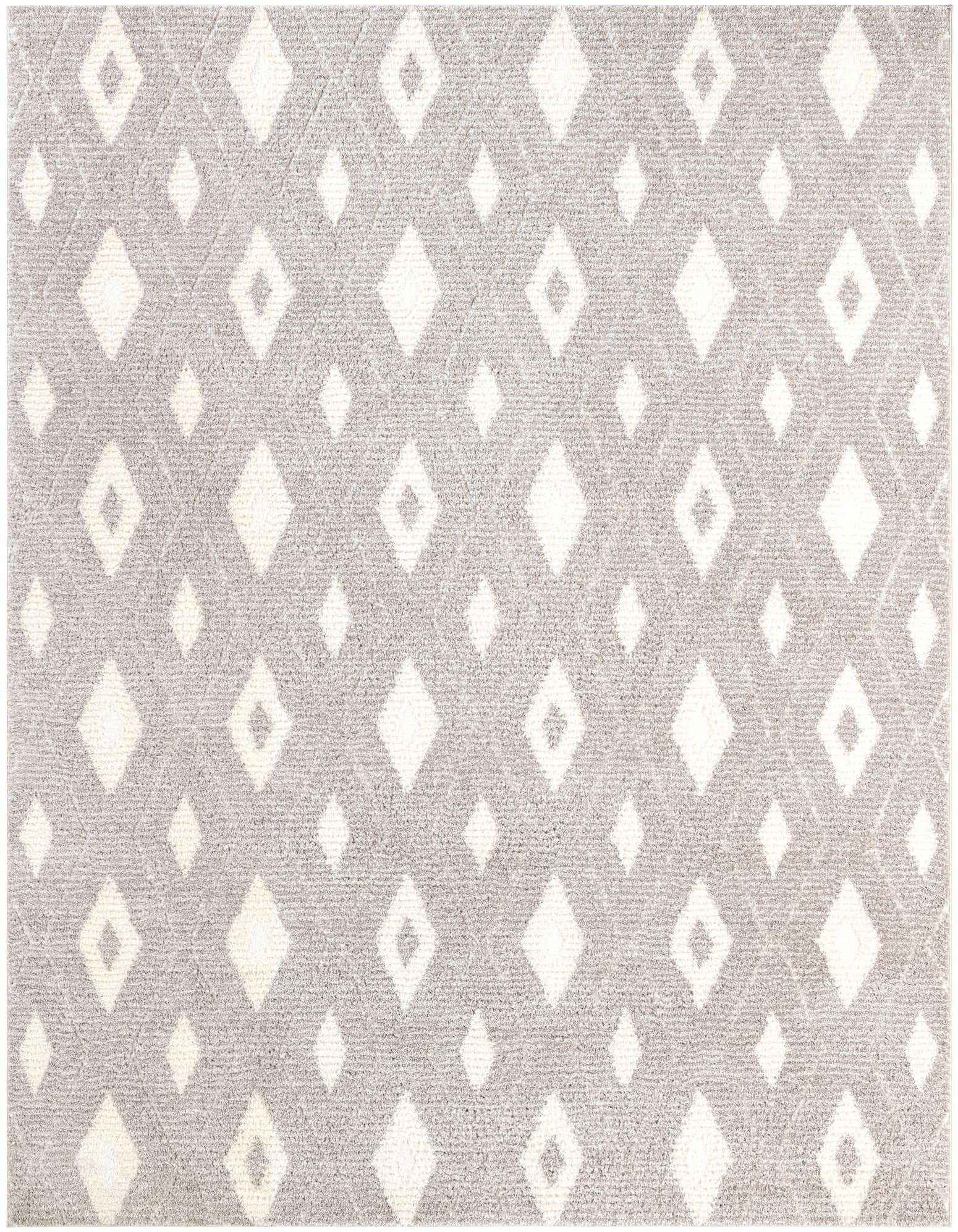 A rectangular 8x10 gray modern area rug with a textured pile, featuring a repeating pattern of white diamond shapes.