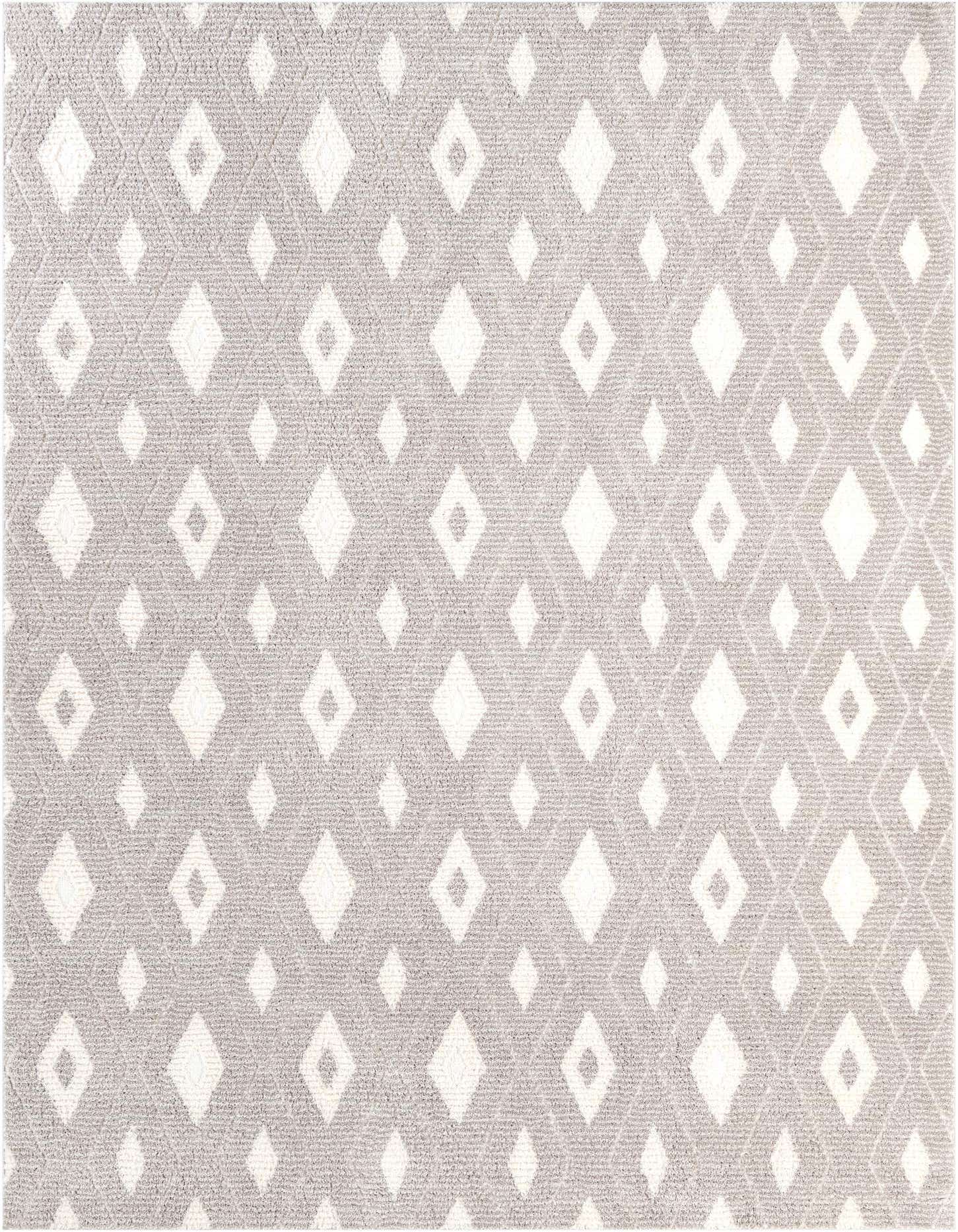 A 9x12 rectangular gray area rug with a modern geometric pattern of varying white diamonds on a textured gray background.