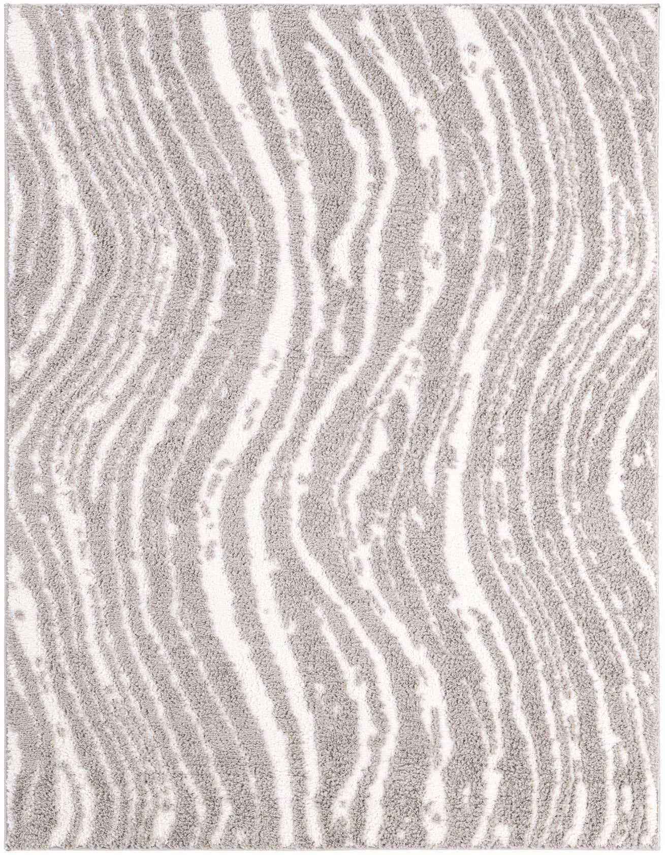 A 4x6 rectangular gray and white modern abstract rug with a textured, wavy stripe pattern, suitable for a living room.