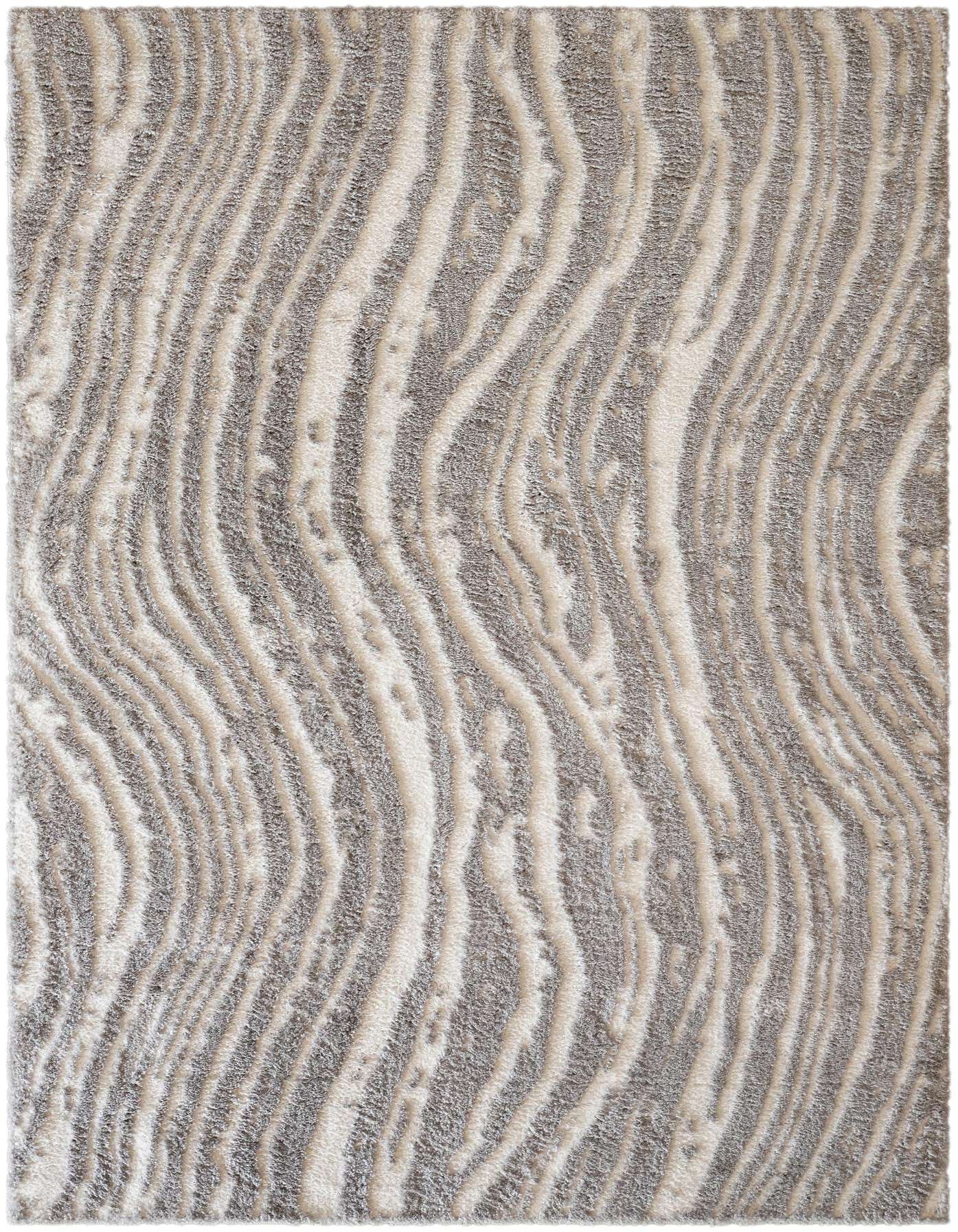 A 5x8 rectangular gray and white modern abstract rug with a textured, medium pile, suitable for a living room.
