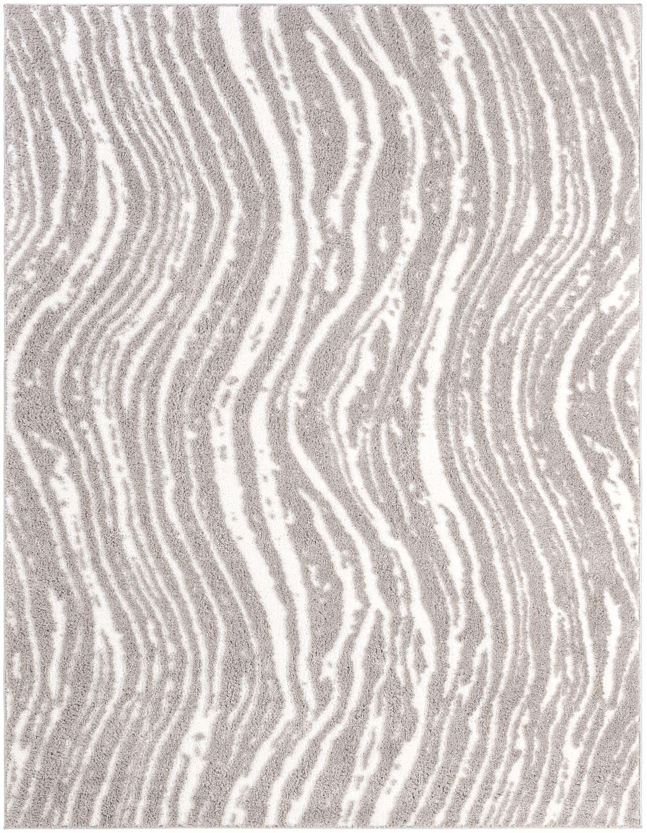 A 6x9 rectangular gray and white area rug with a textured, wavy abstract pattern, suitable for a living room or bedroom.