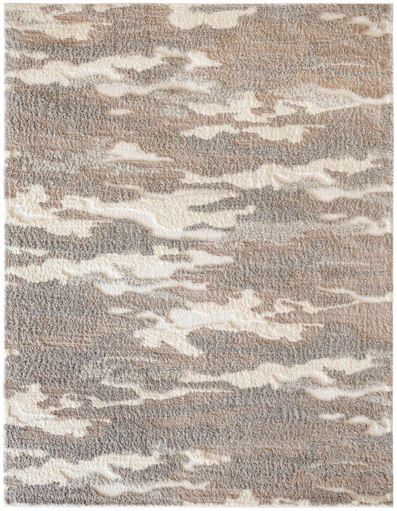 A 5x8 rectangular Rugs.com Sepia rug featuring a modern abstract pattern in varying shades of gray, silver, and cream, with a textured medium pile.