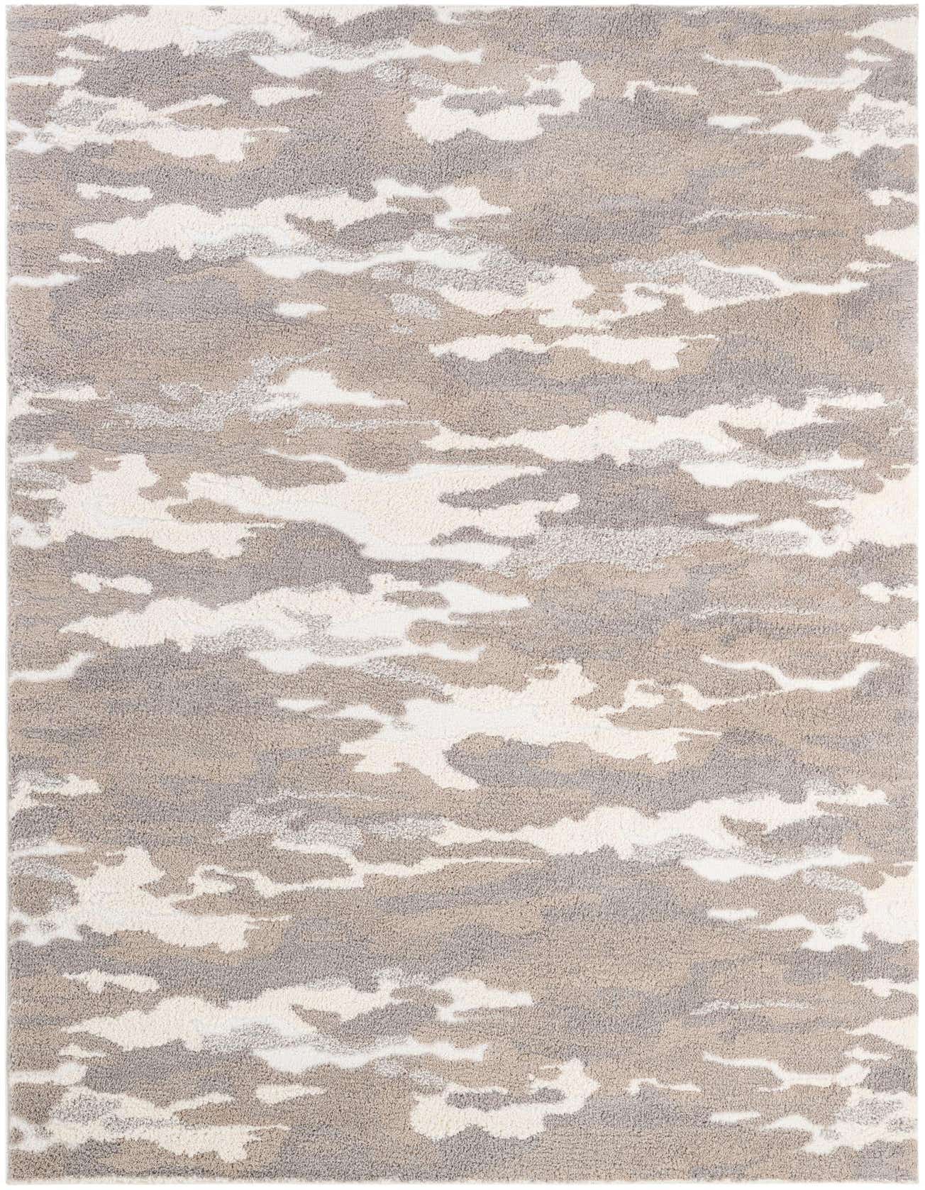 A 6x9 rectangular gray and silver modern abstract rug with a textured pile, suitable for a living room.