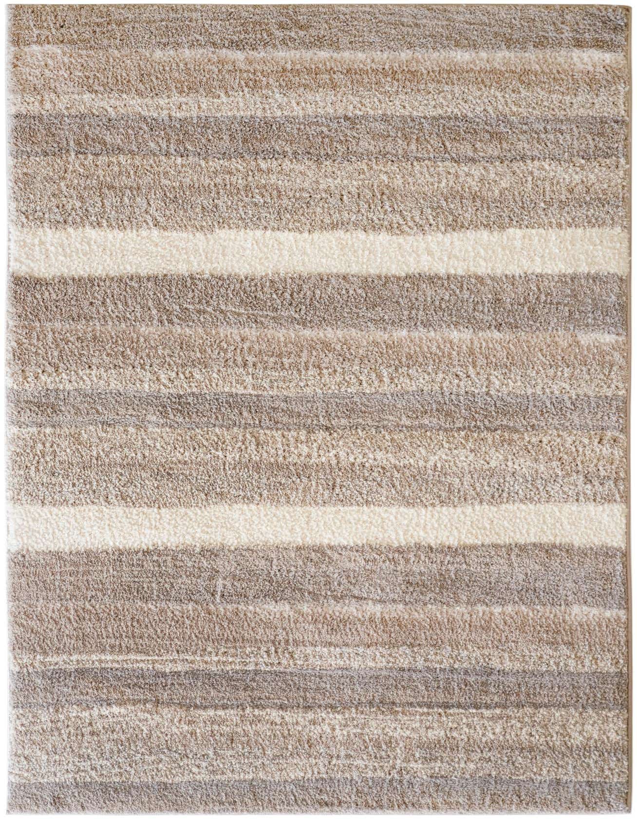 A 4x6 rectangular modern area rug with alternating textured stripes in various shades of gray and silver.