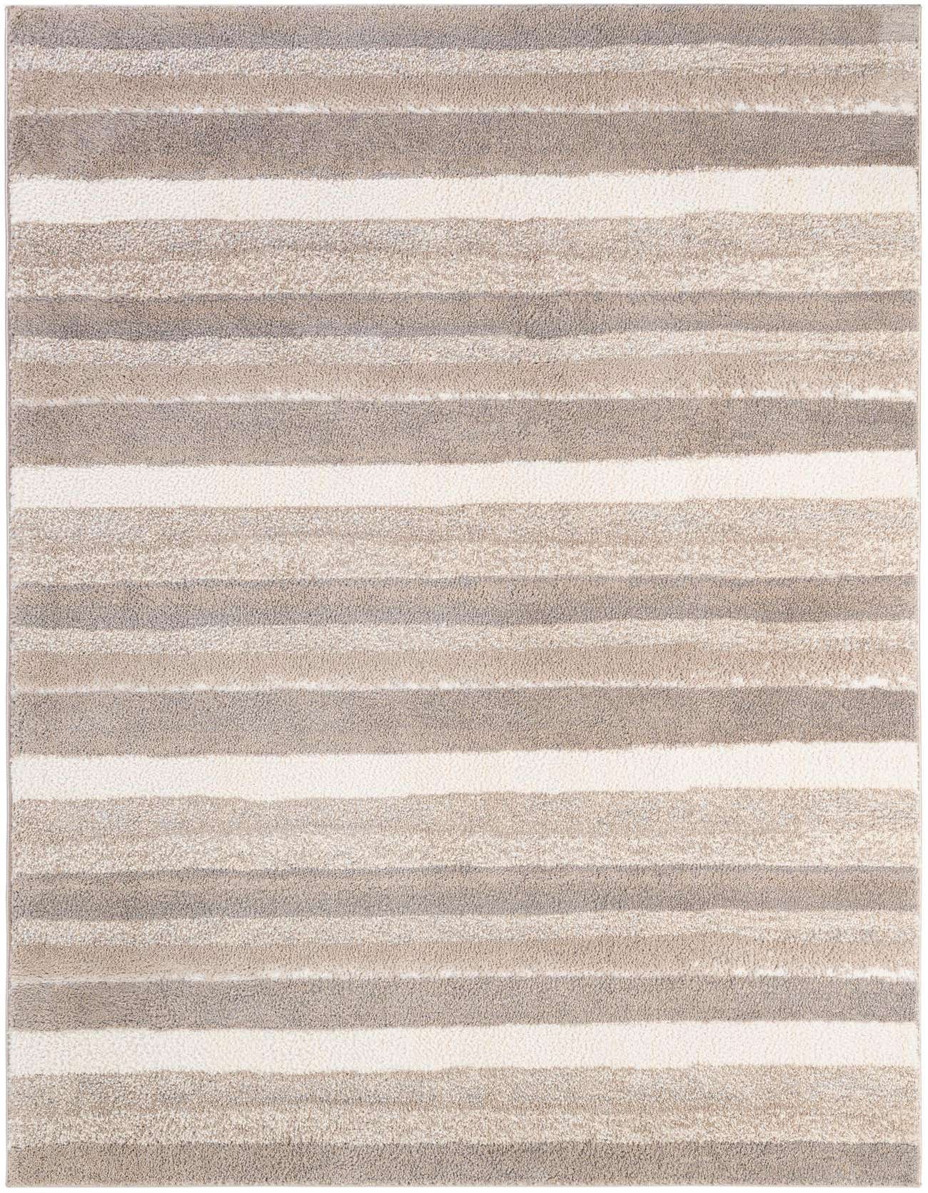A 6x9 rectangular Sepia rug featuring modern horizontal stripes in varying shades of gray and silver, with a textured medium pile.