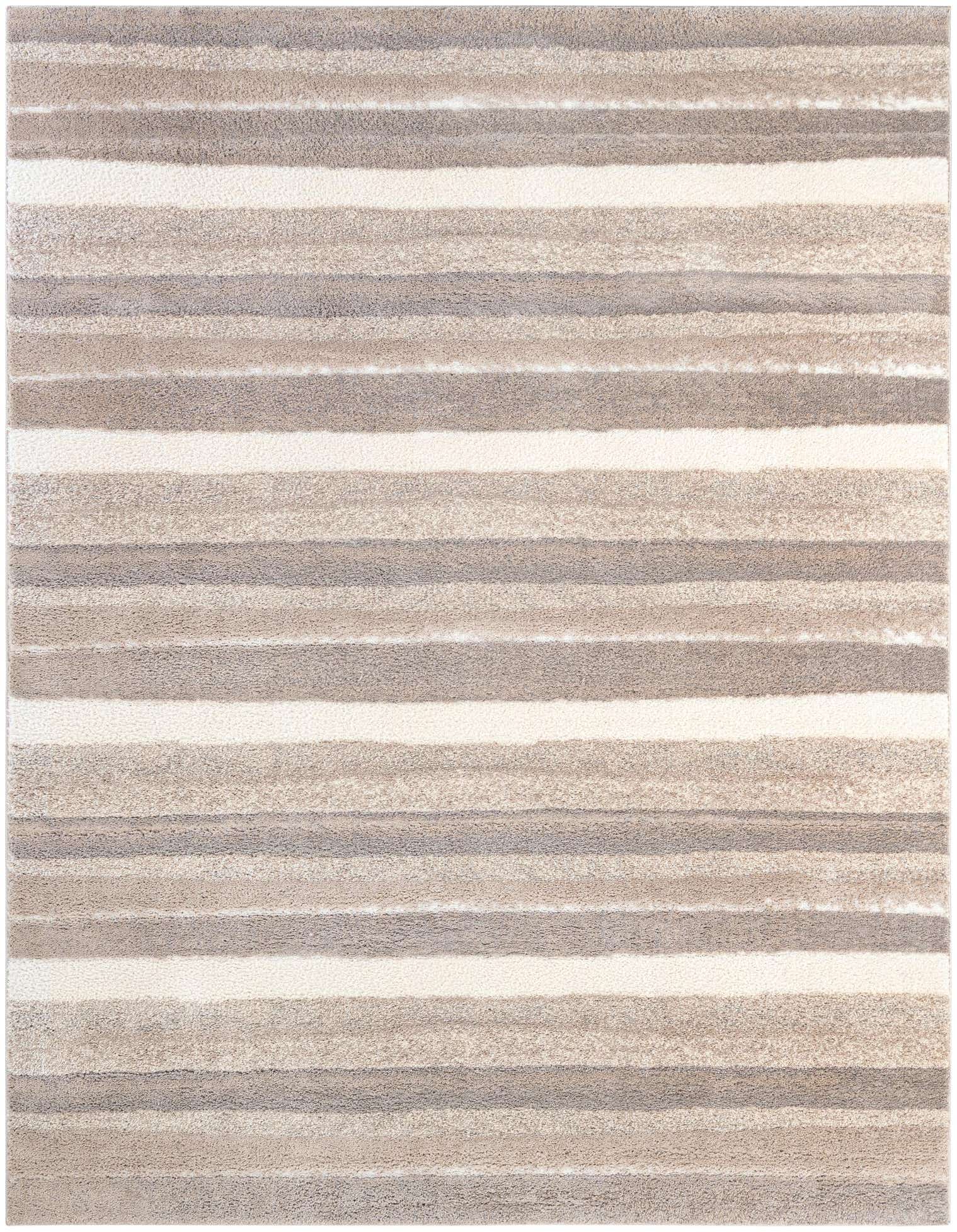 A rectangular 8x10 modern area rug featuring horizontal stripes in varying shades of gray and silver with a textured pile.