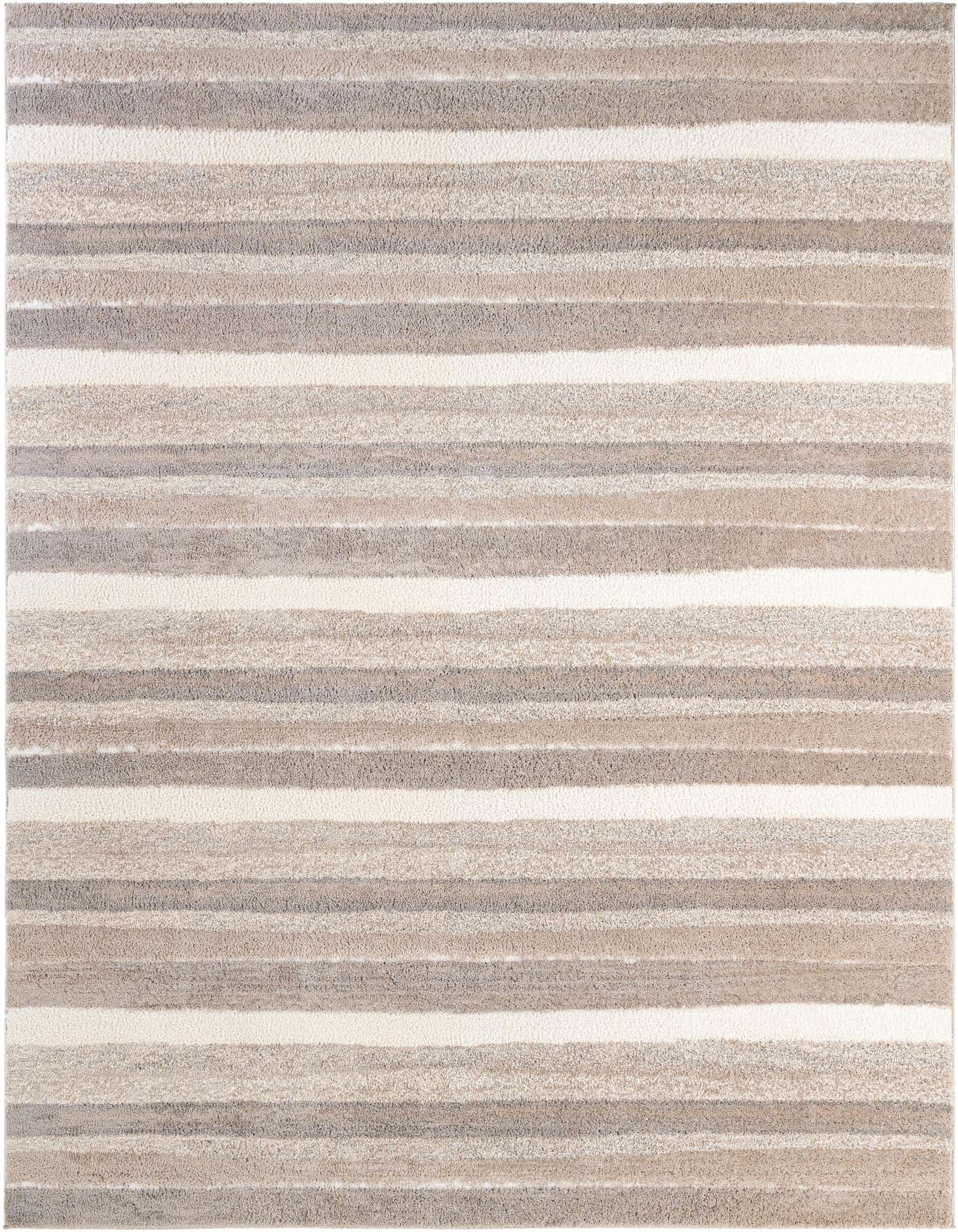 A 9x12 rectangular Rugs.com Sepia area rug featuring modern horizontal stripes in varying shades of gray and silver.