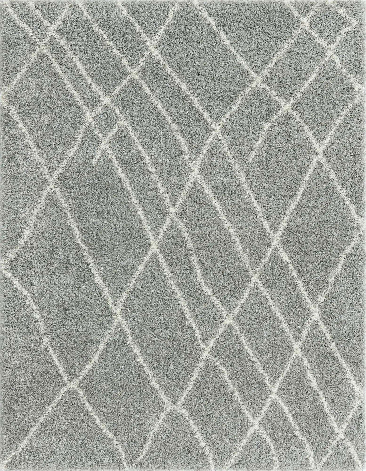 A soft gray 8x10 rectangular shag area rug with a subtle white geometric diamond pattern, perfect for a living room.
