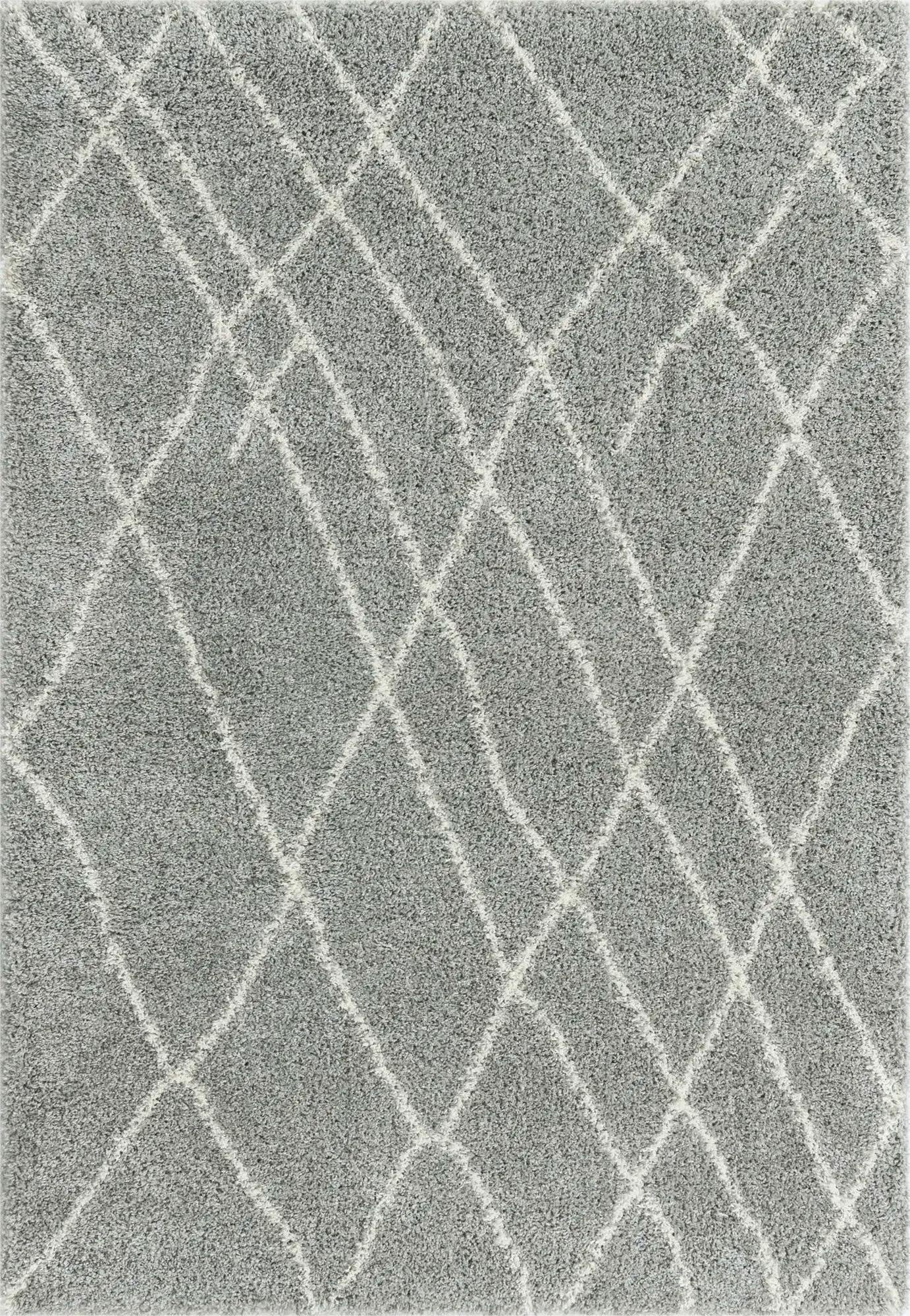 A 4x6 rectangular gray shag rug with a white diamond trellis pattern, perfect for a modern living room.