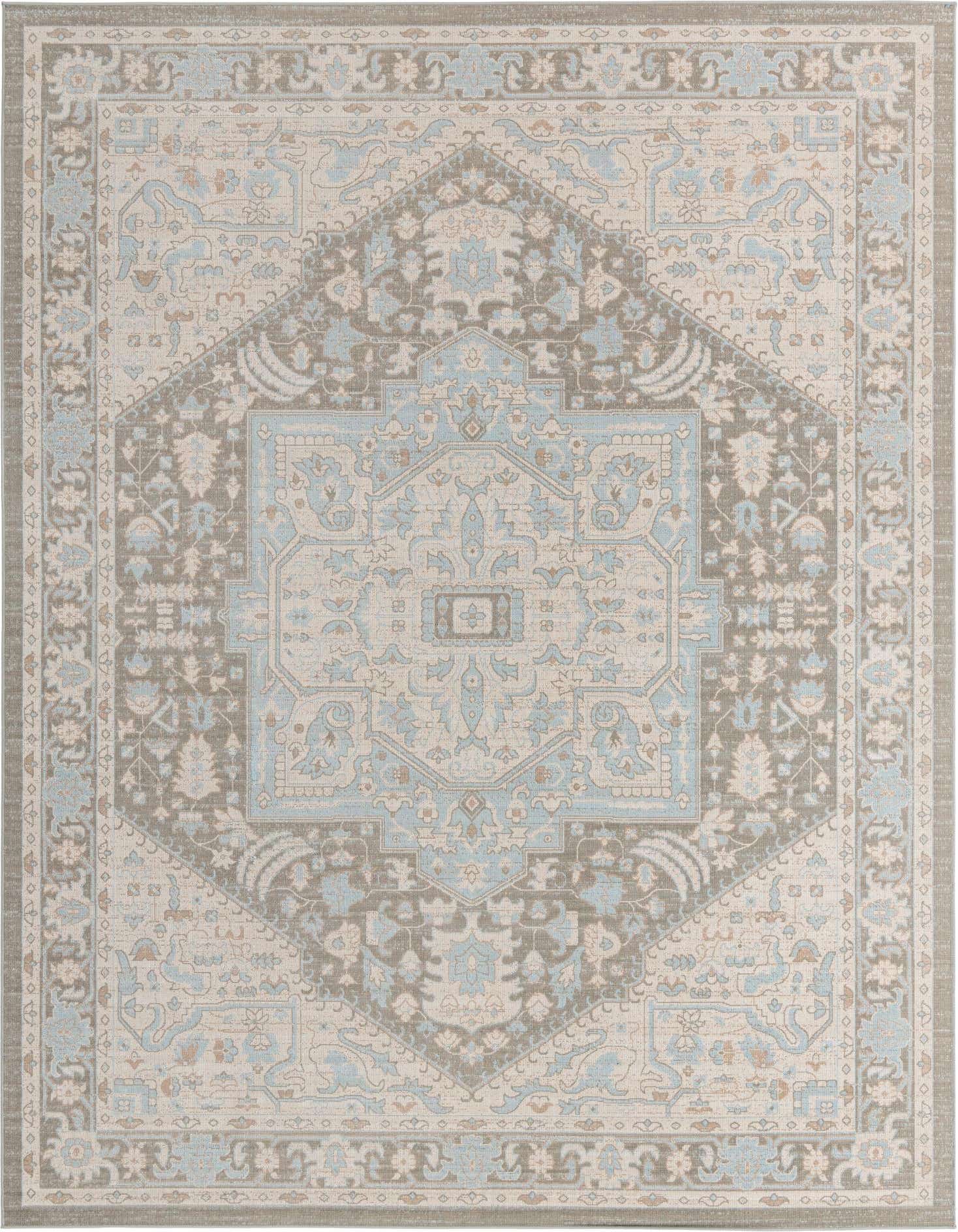 A 10x14 rectangular gray and light blue farmhouse medallion rug with a vintage-inspired pattern.