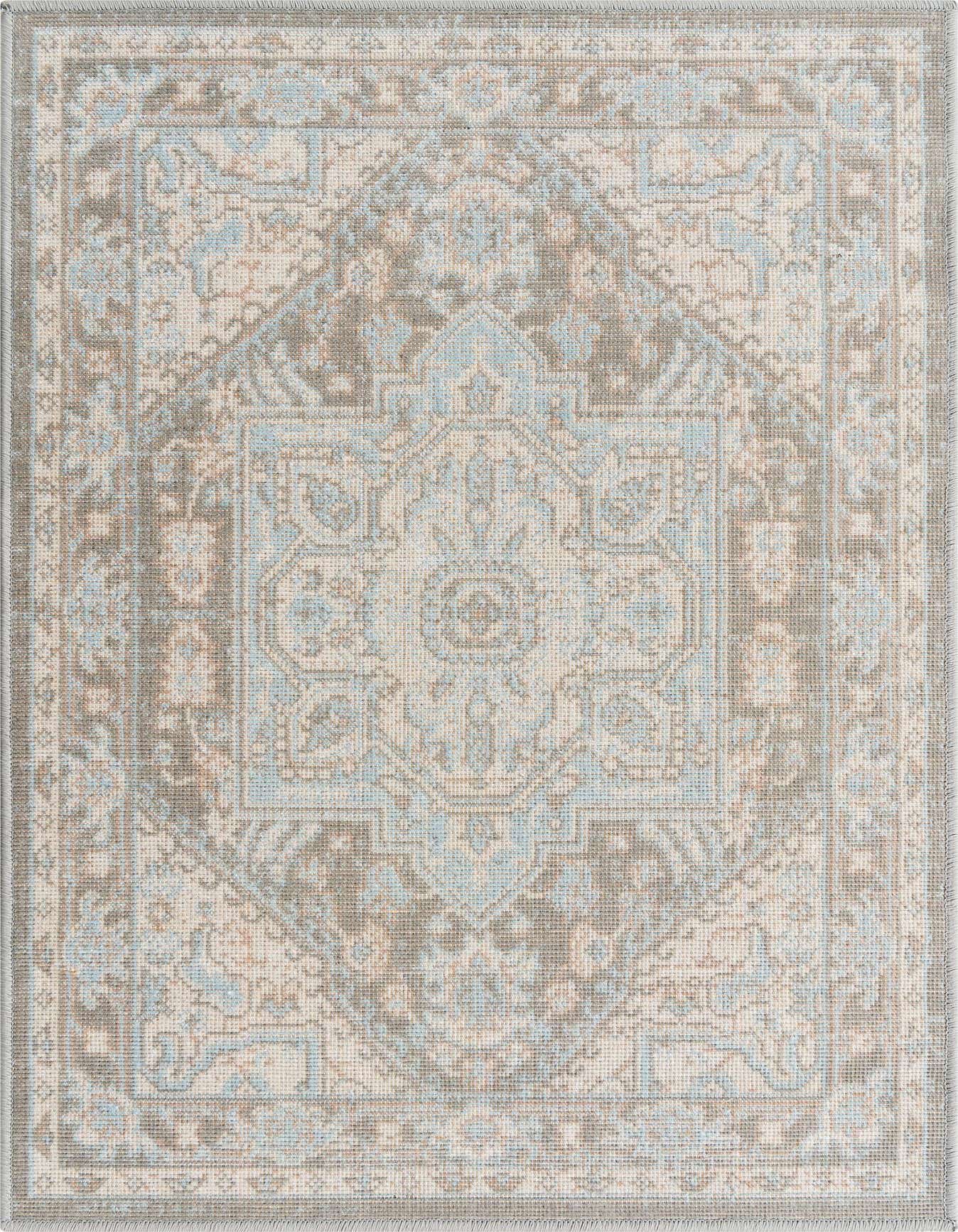 A 2x3 rectangular gray and light blue medallion flatweave rug with a vintage farmhouse pattern, ideal for an entryway.